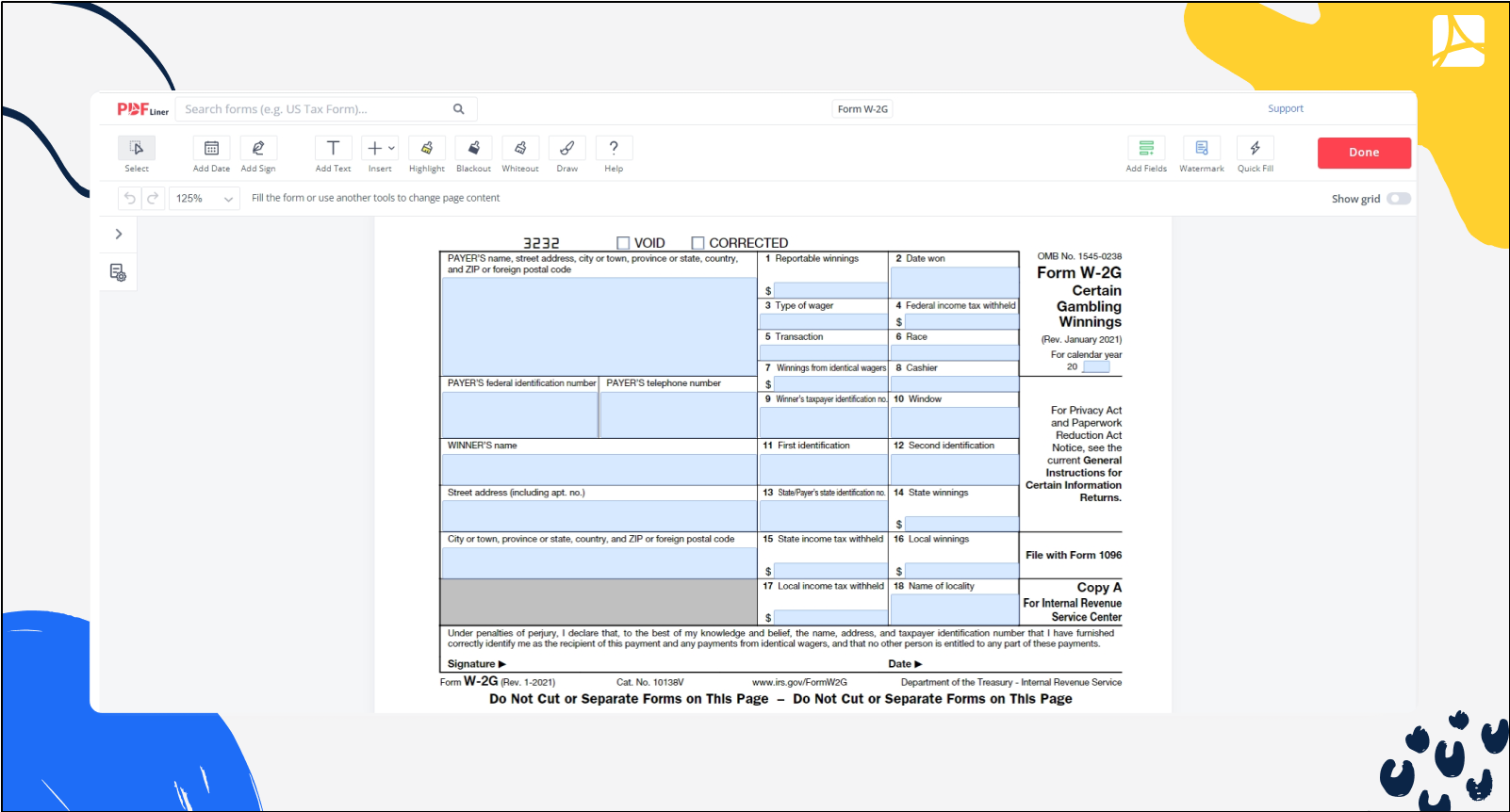 Form W-2G in PDFLiner screenshot