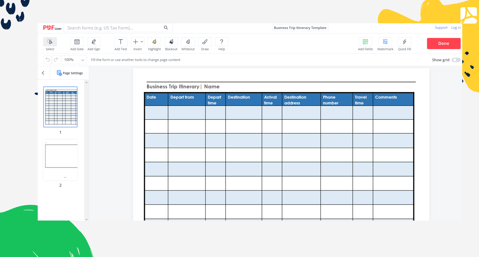 Business Trip Itinerary Template Screenshot
