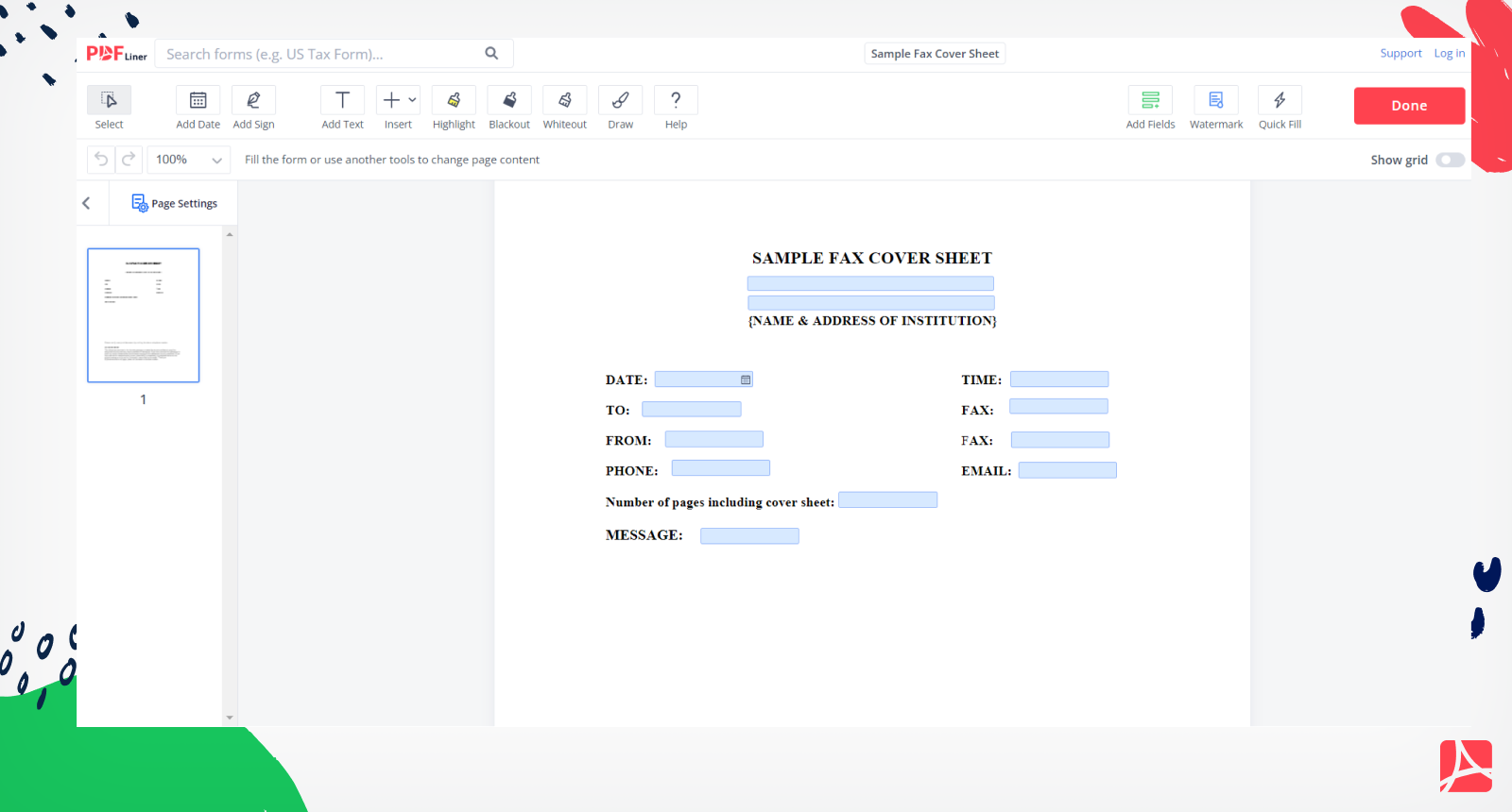 Sample Fax Cover Sheet Screenshot