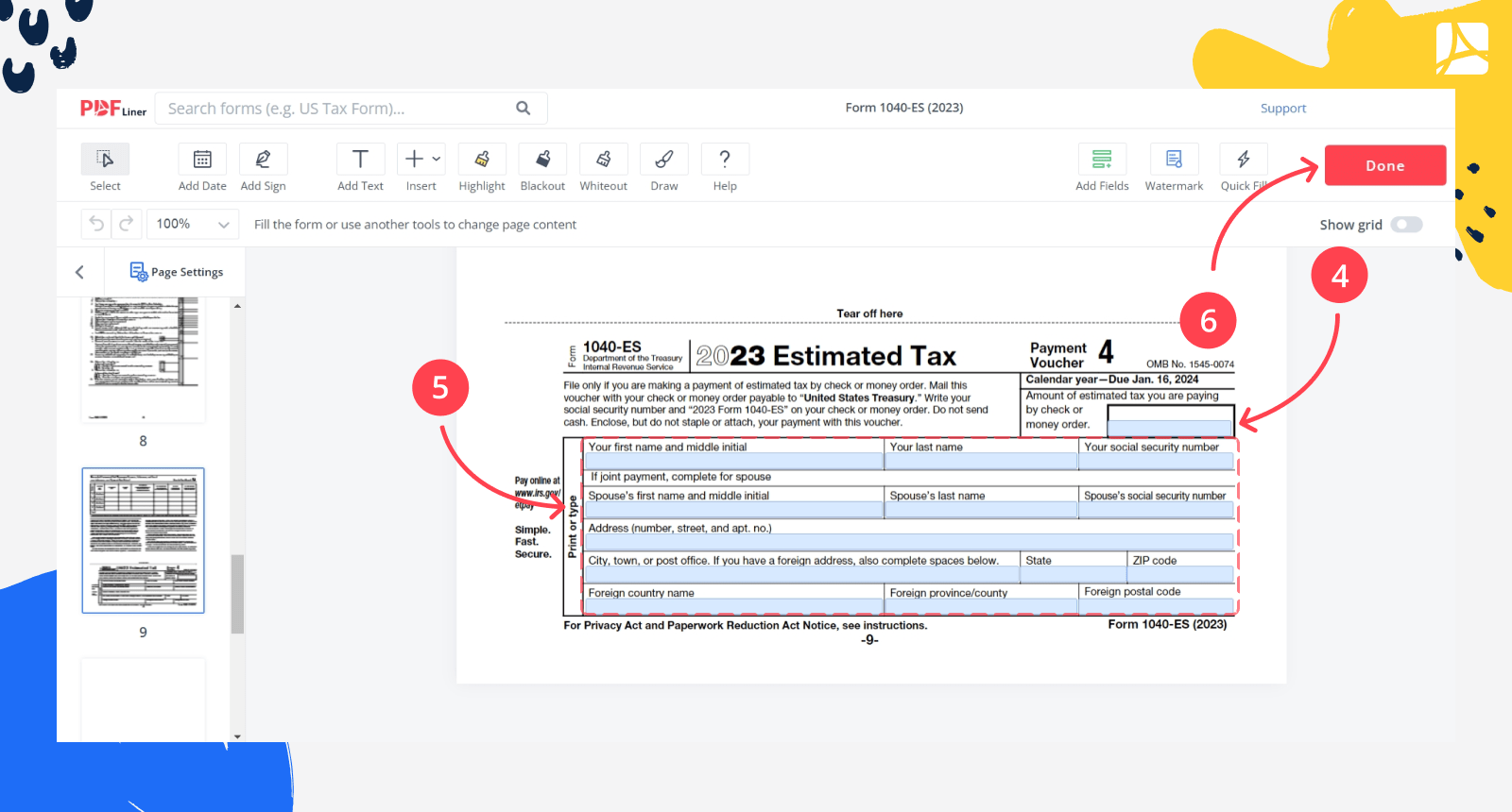 Filling form 1040-ES steps 4,5 and 6