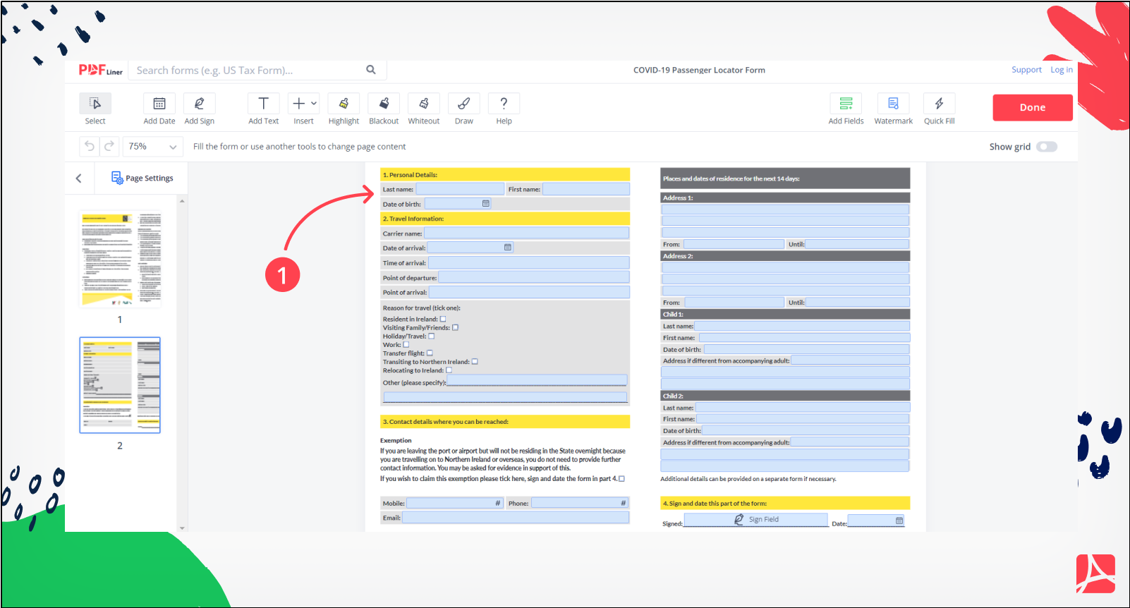 COVID-19 Passenger Locator Form Screenshot Step 1