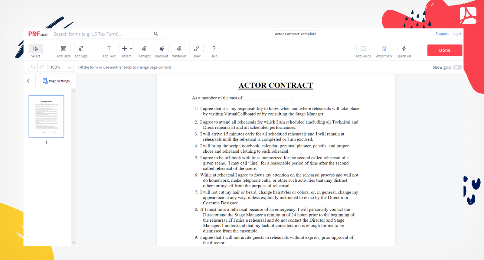 Actor Contract Template Form Screenshot