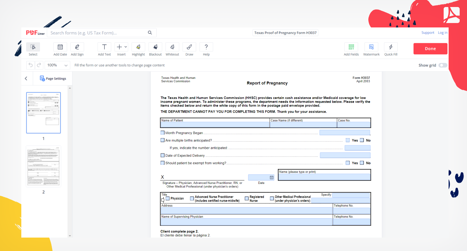 Texas Proof of Pregnancy Form H3037 Screenshot