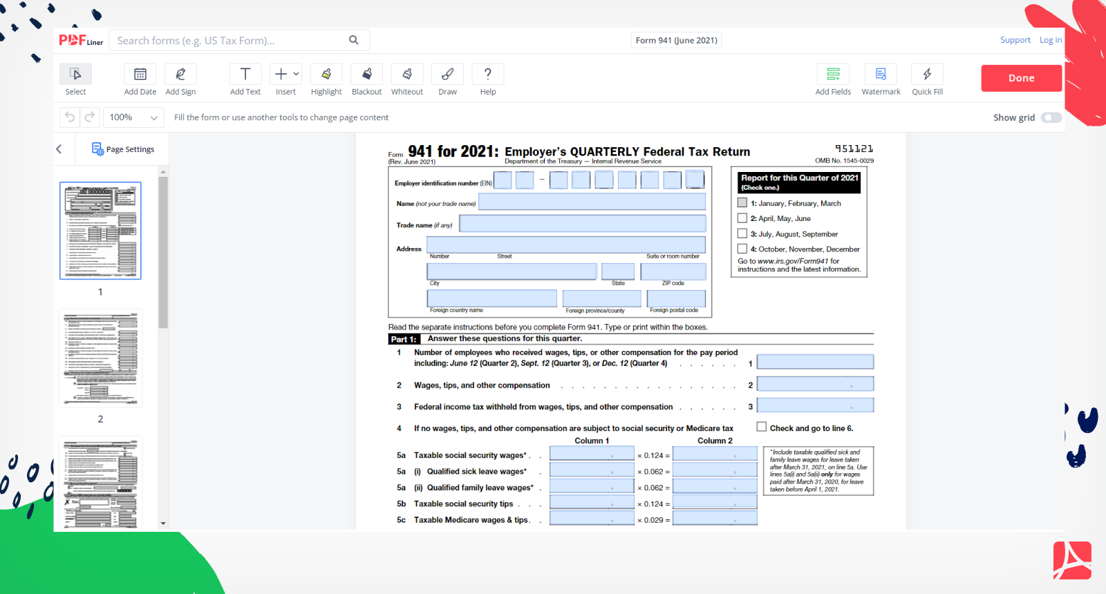 Form 941 (June 2021) Screenshot