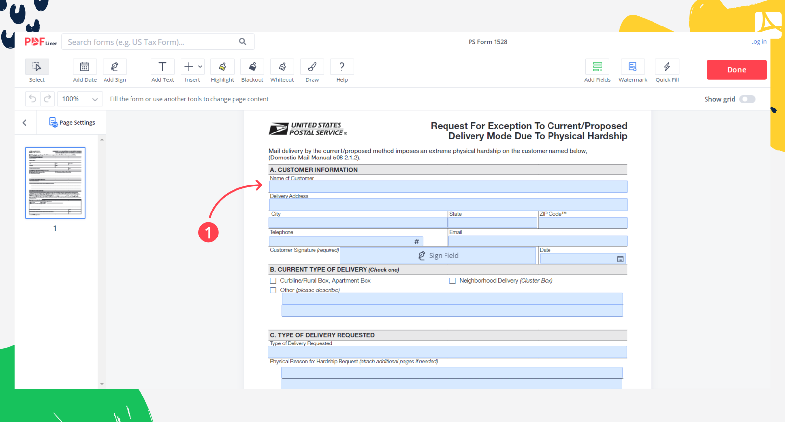 PS Form 1528 screenshot step 1