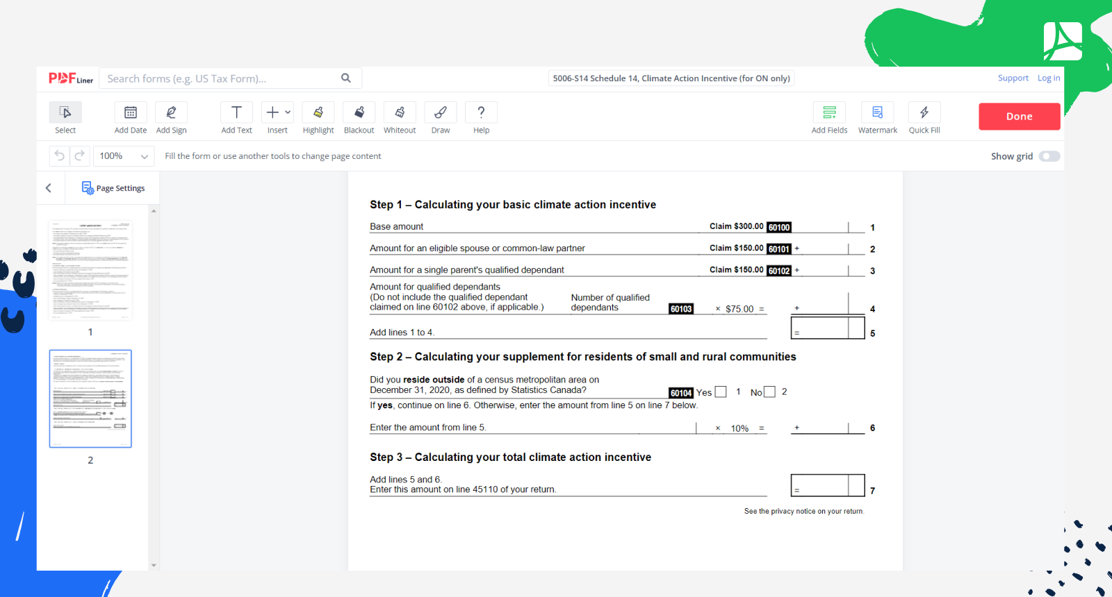 5006-S14 Schedule 14, Climate Action Incentive (for ON only) Form Screenshot