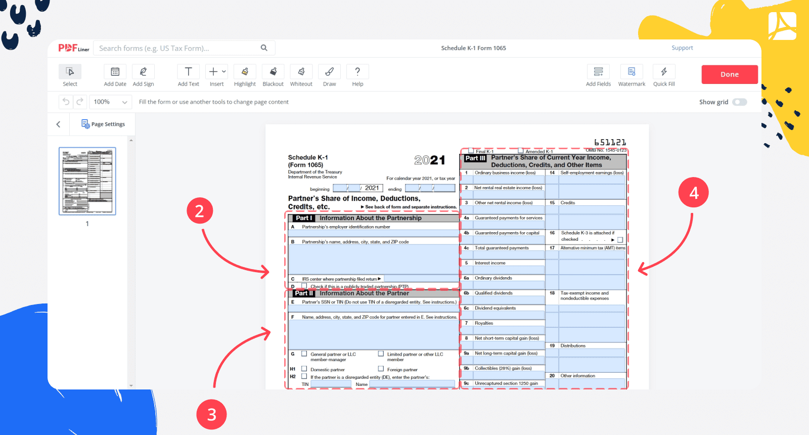 Filling out schedule k-1 form 1065 steps 2, 3 and 4 on one screenshot