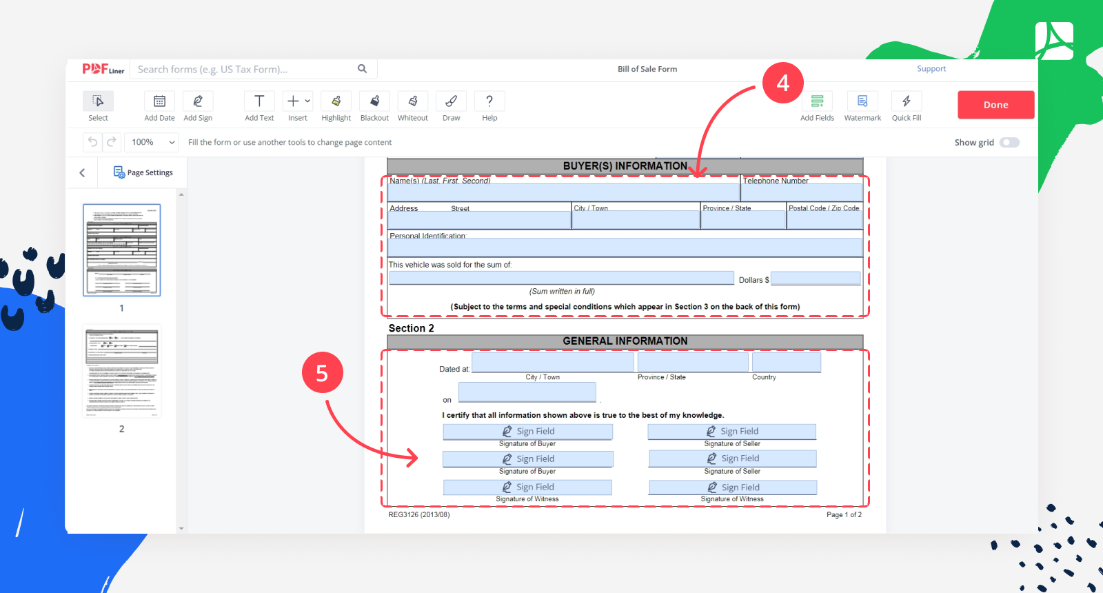 Bill of Sale in PDFLiner buyer's info and Signatures