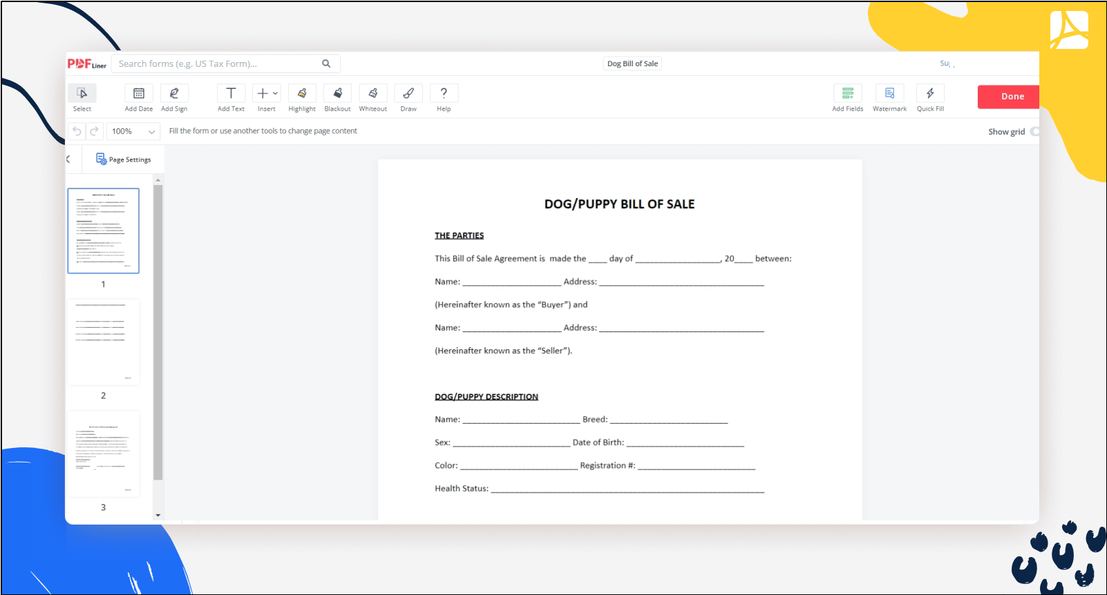 dog bill of sale PDF screenshot