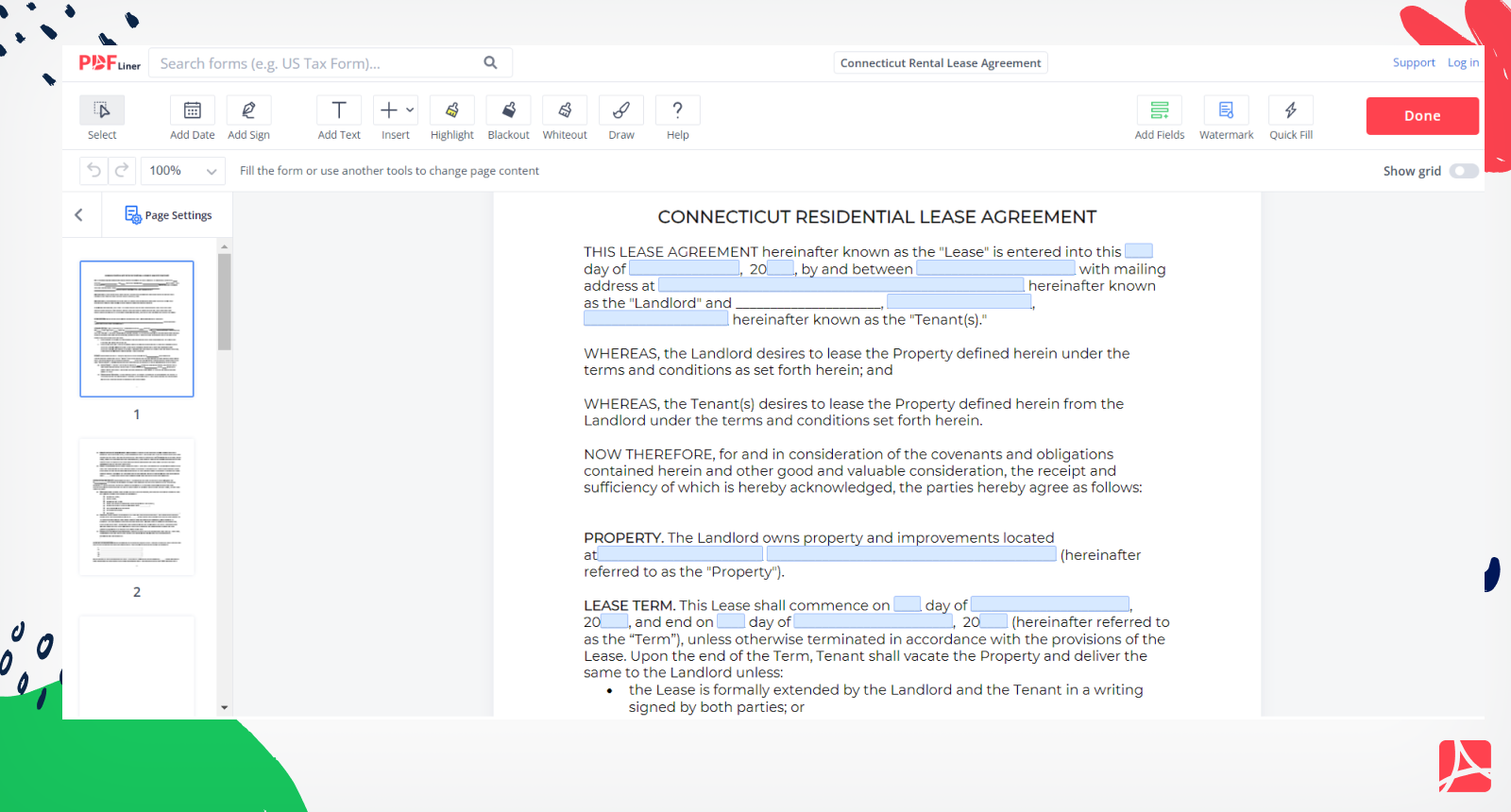 Connecticut Rental Lease Agreement Form Screenshot