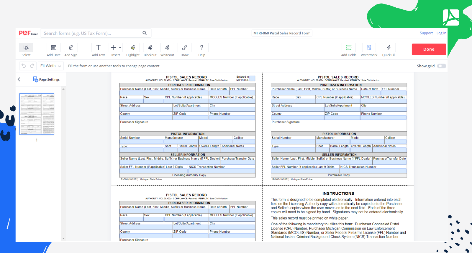 MI RI-060 Pistol Sales Record Form Screenshot
