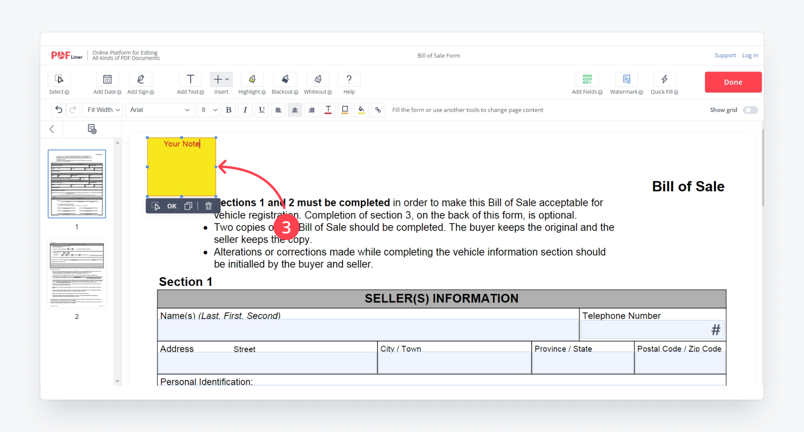 Adding note to a pdf