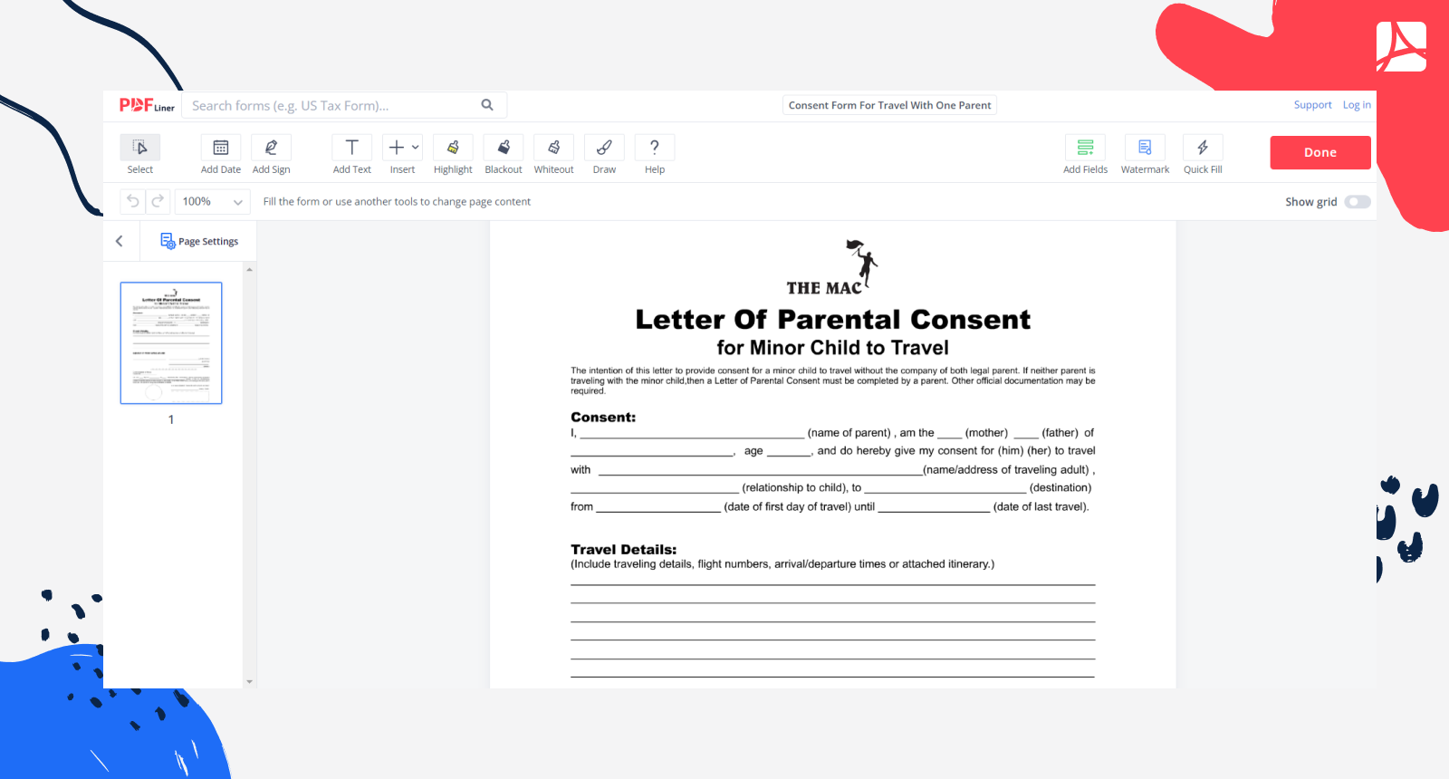 Consent Form For Child Traveling With One Parent Screenshot