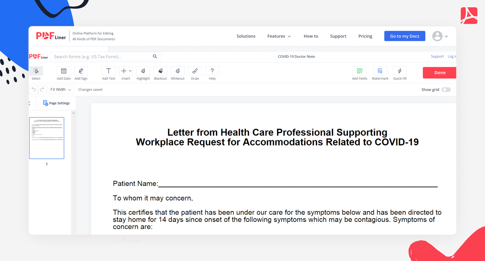 Form COVID-19 Doctor Note on PDFLiner