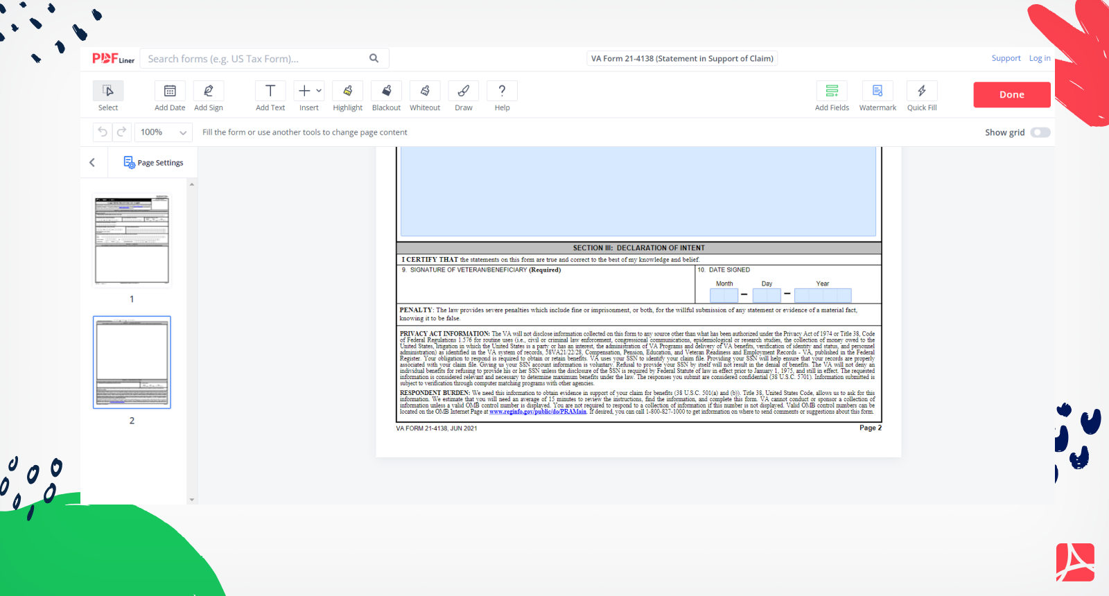 VA Form 21-4138 Screenshot 2