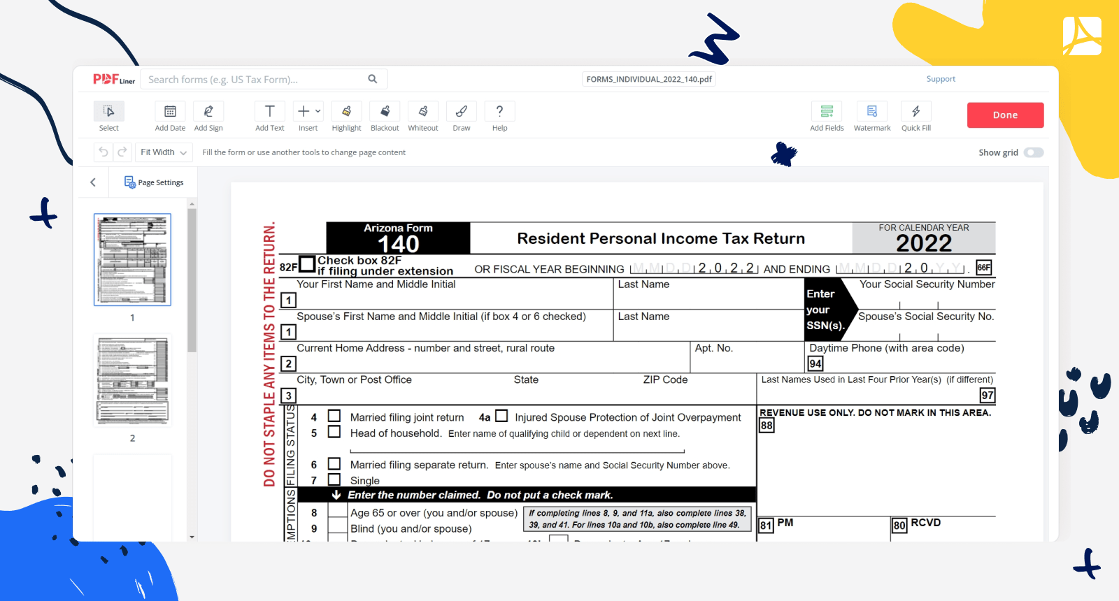 Fillable Arizona Form 140 screenshot