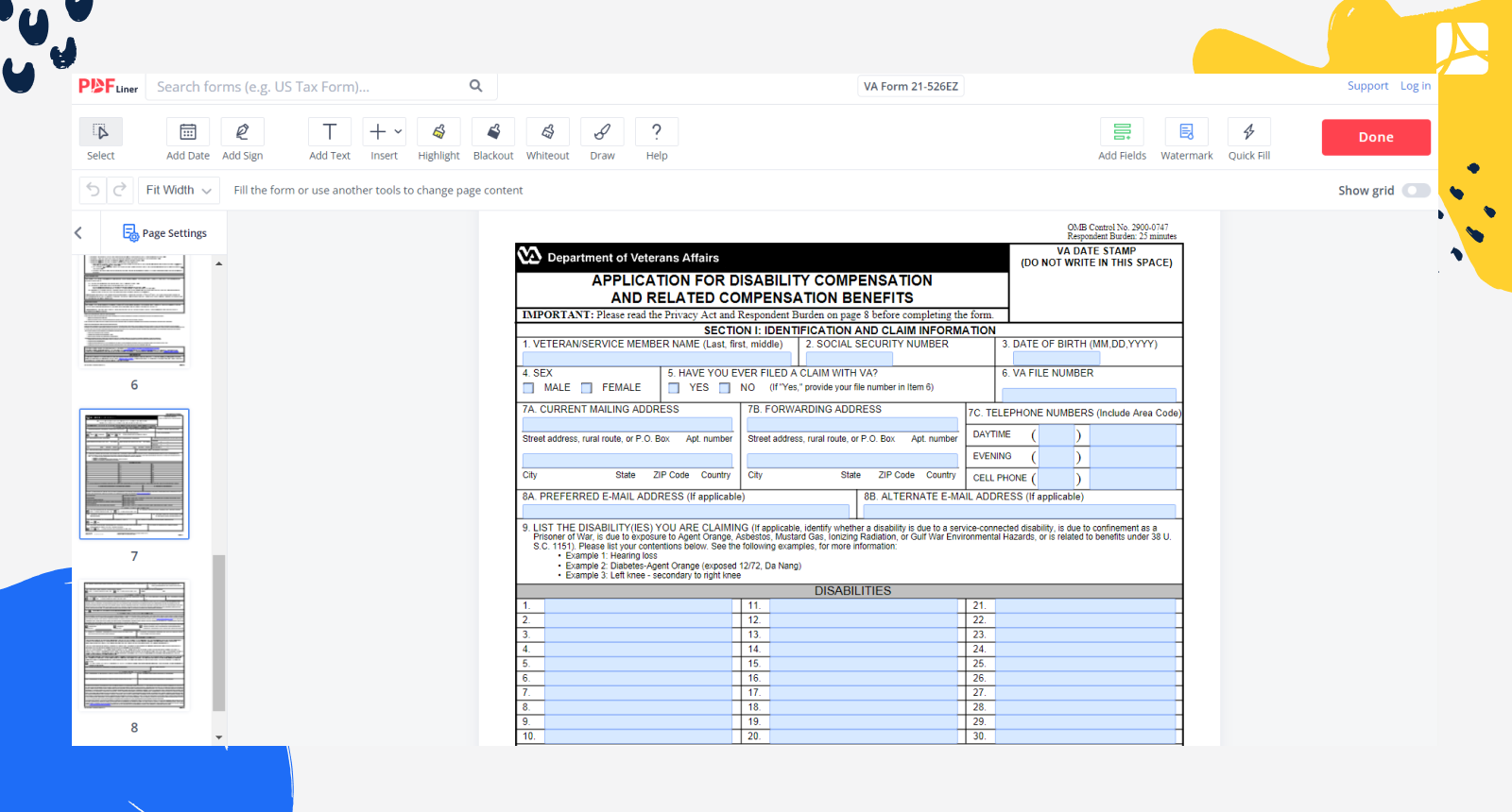 VA Form 21-526EZ Screenshot