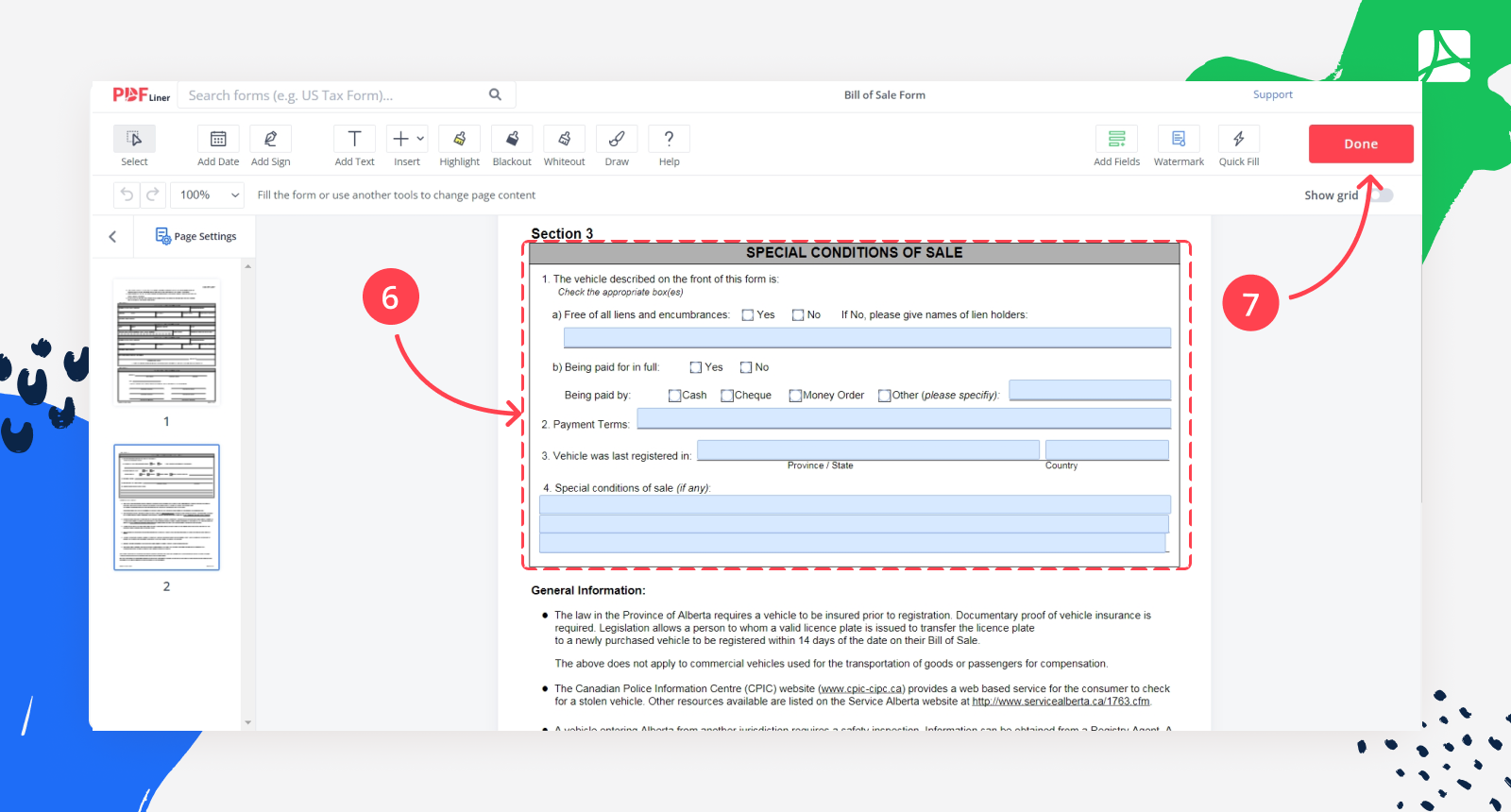 Bill of Sale in PDFLiner Special conditions of Sale and saving