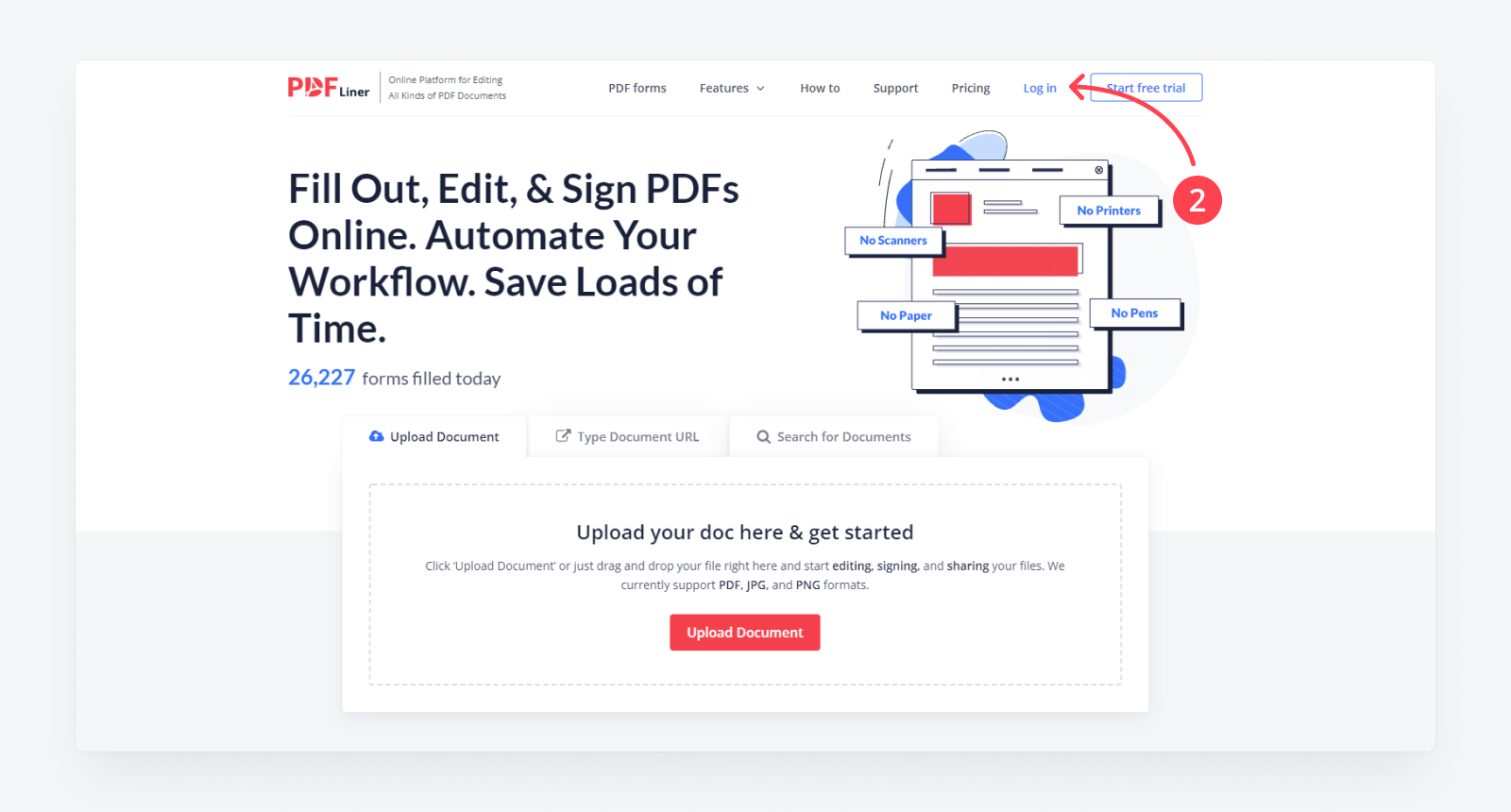 PDFLiner main page with an arrow showing where to log in