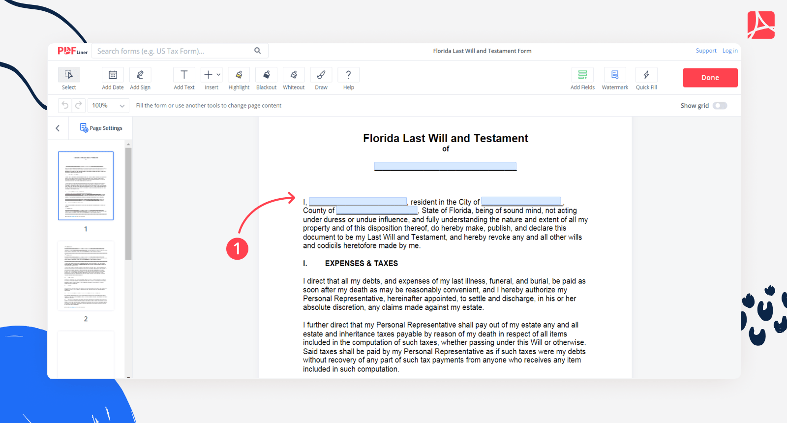 Florida Last Will and Testament Form screenshot Step 1