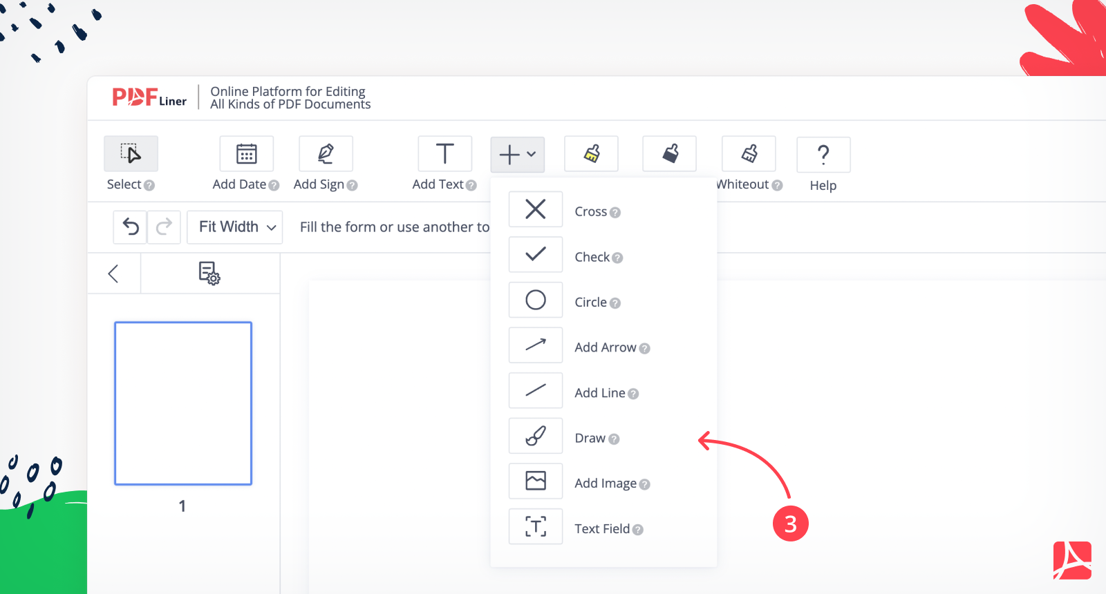 PDFLiner-Editor mit einem Pfeil, der auf ein Zeichenwerkzeug zeigt