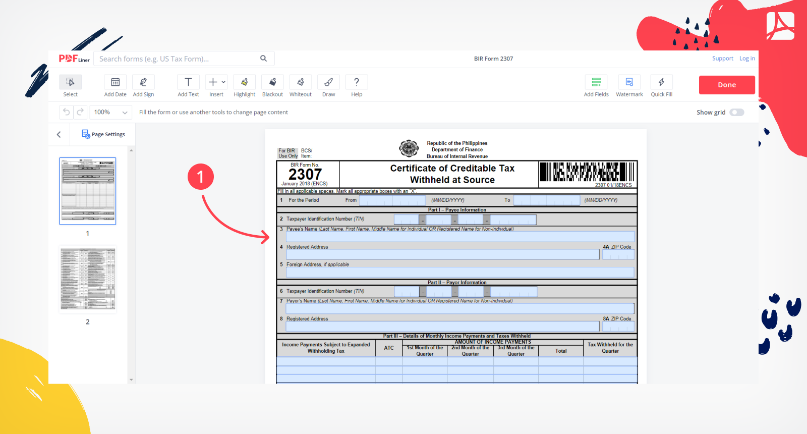 BIR Form No. 2307 screenshot step 1