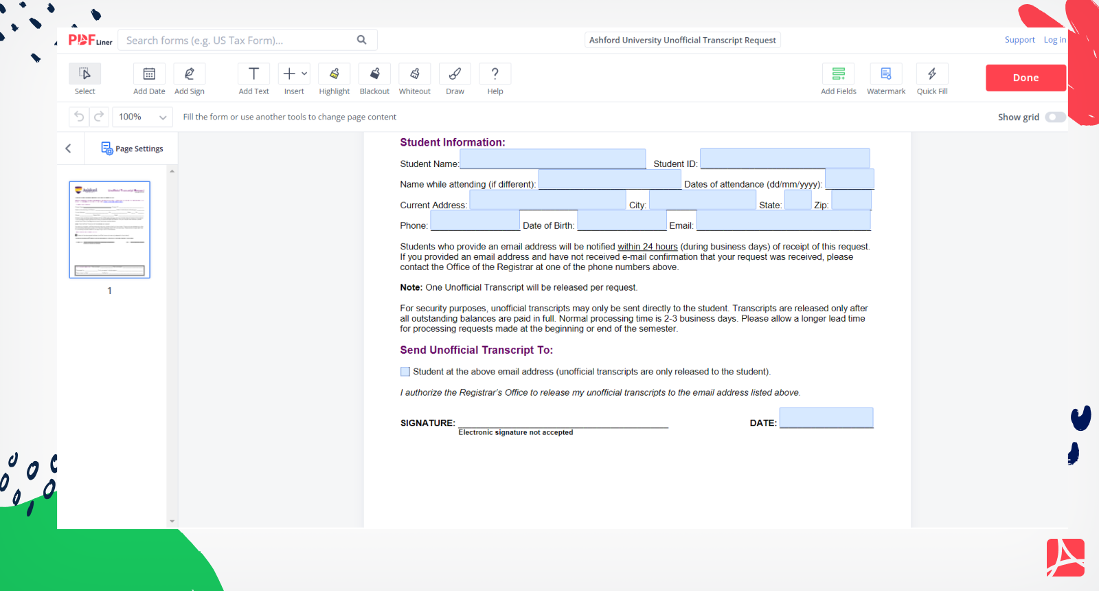 Ashford University Unofficial Transcript Request Form Screenshot 2