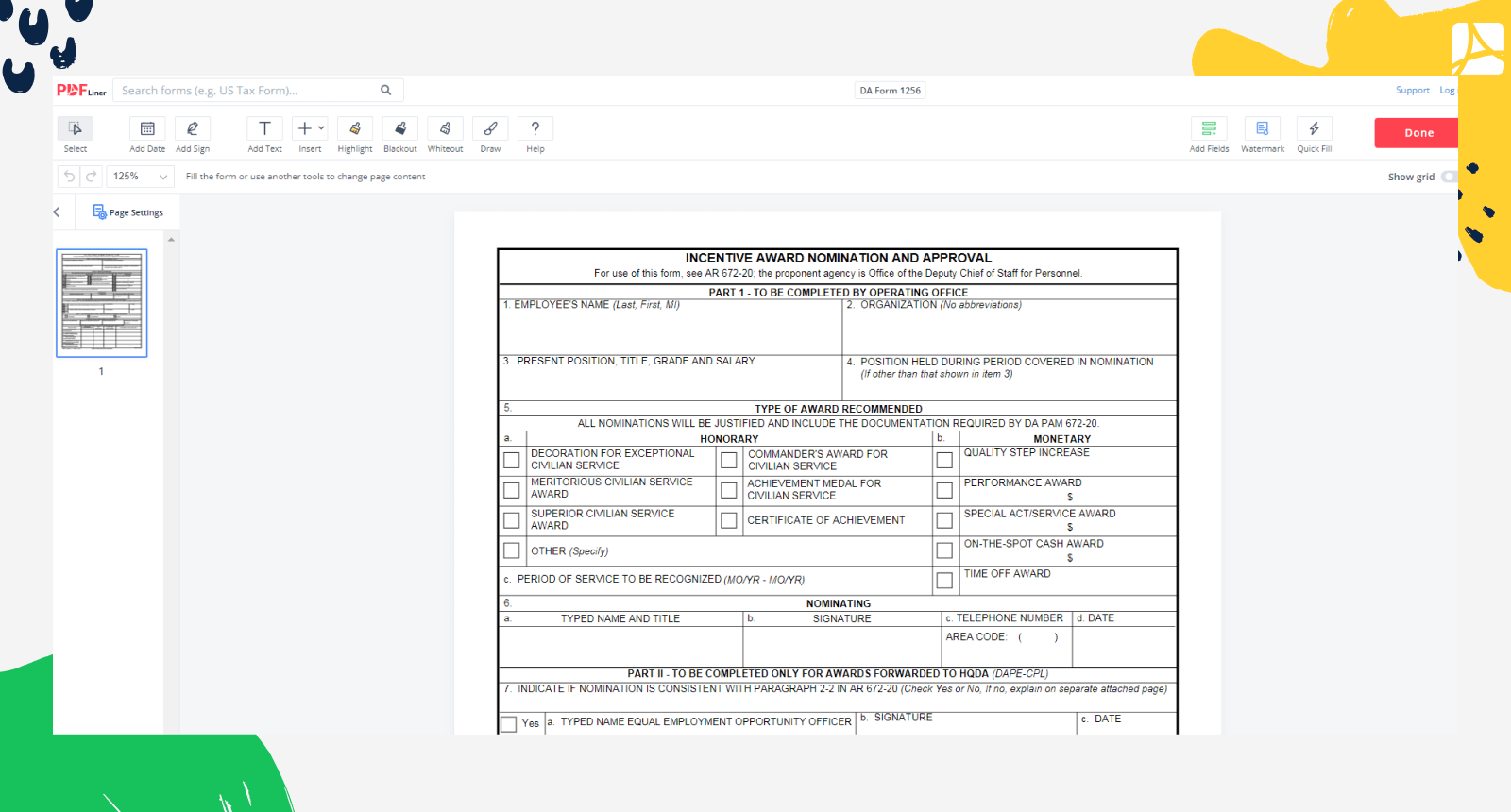 DA Form 1256 on PDFLiner