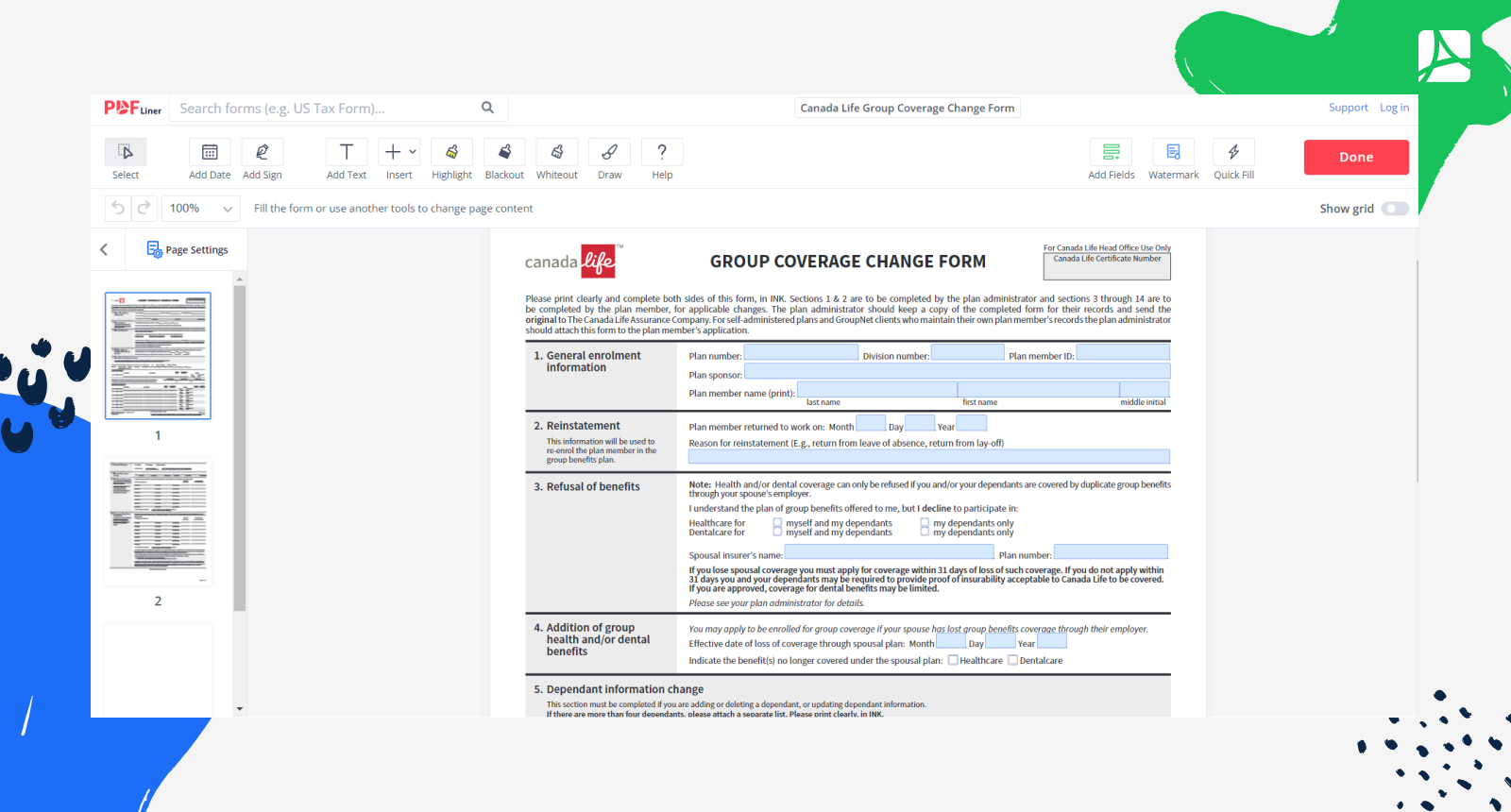 Great West Life Group Coverage Change Form Screenshot