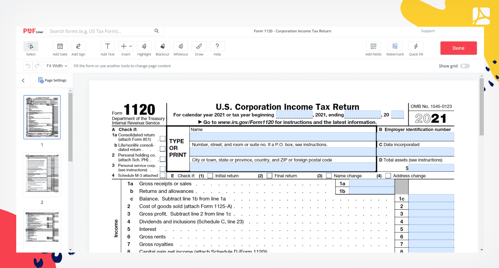 form 1120 in PDFliner editor