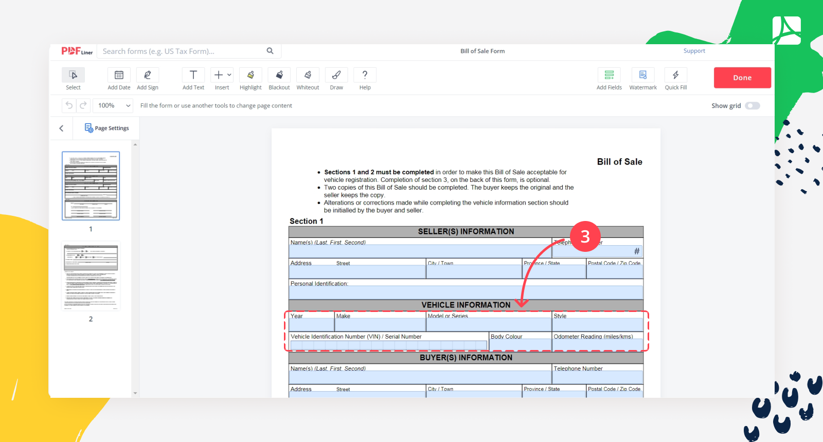 Bill of Sale in PDFLiner - Vehicle information