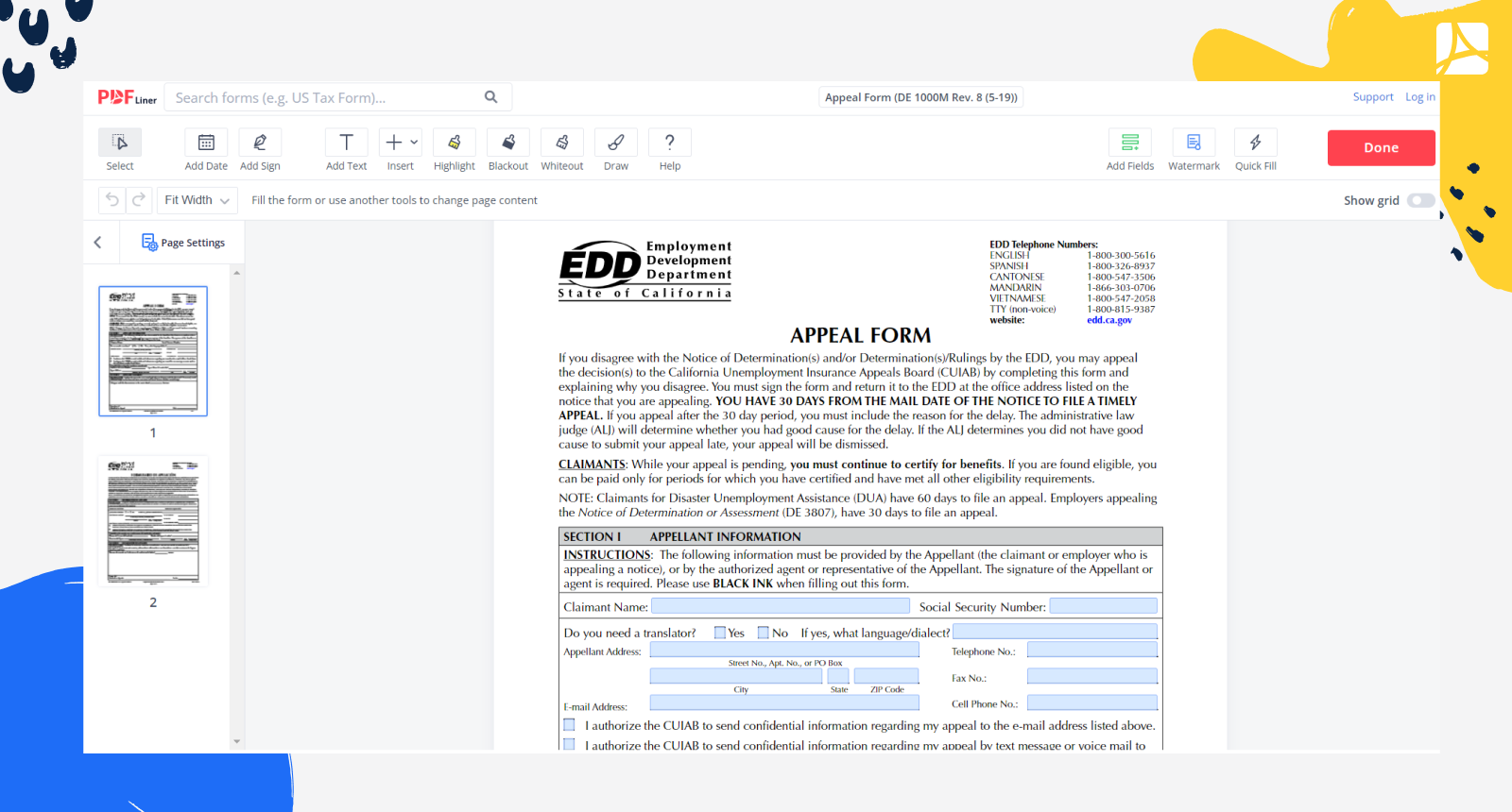 Appeal Form (DE 1000M Rev. 8 (5-19)) Screenshot