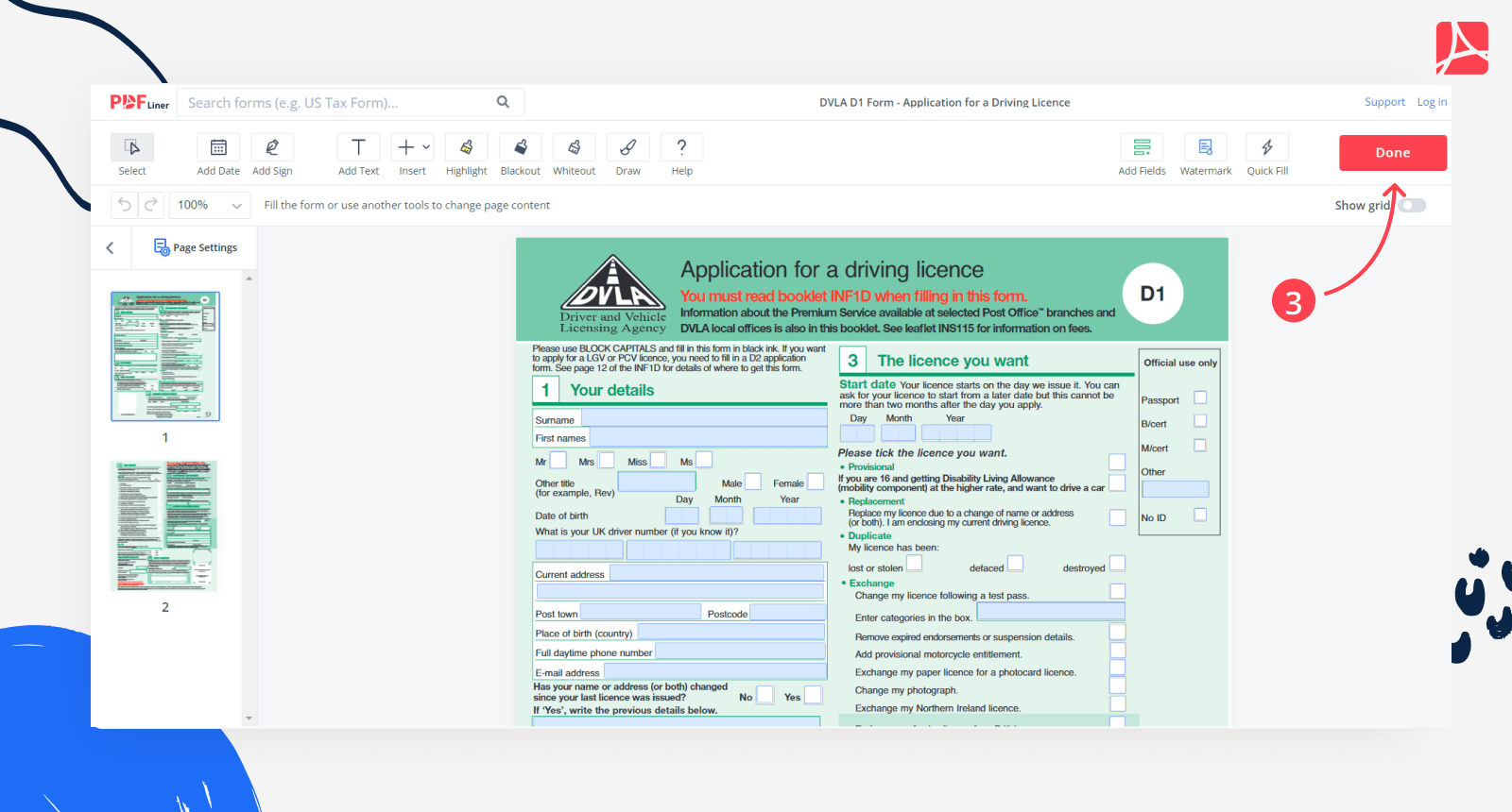 DVLA D1 Form screenshot Step 3