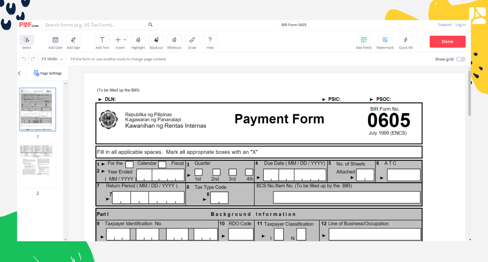 BIR Form 0605 on PDFLiner