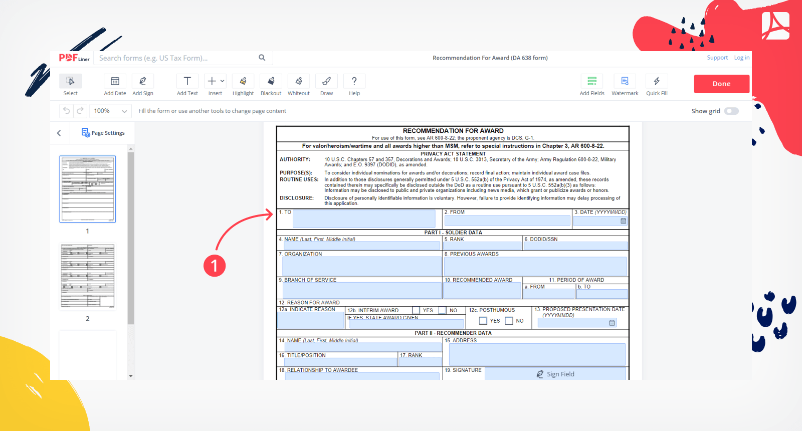 Recommendation For Award (DA 638 form) screenshot step 1
