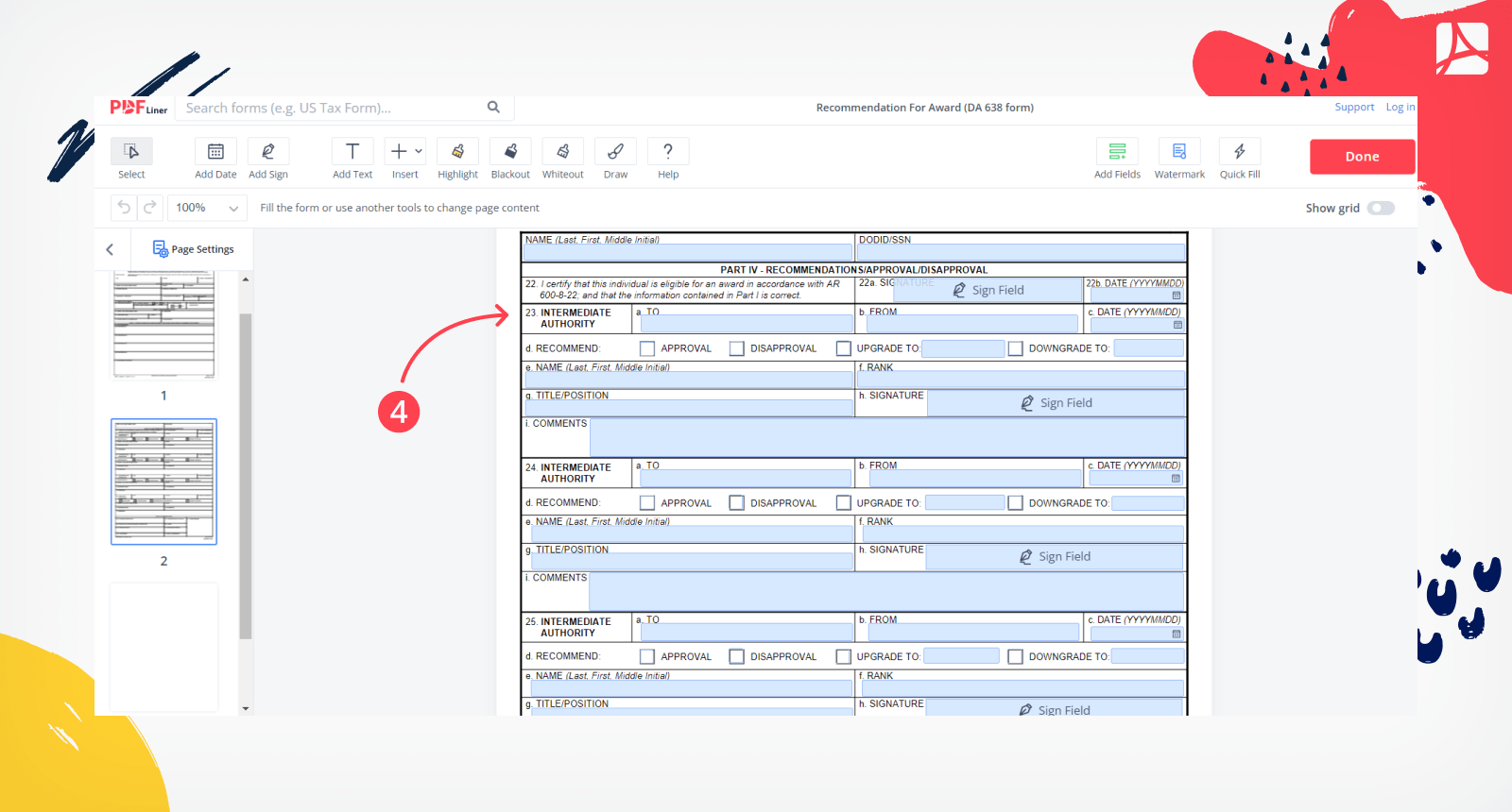 Recommendation For Award (DA 638 form) screenshot step 4