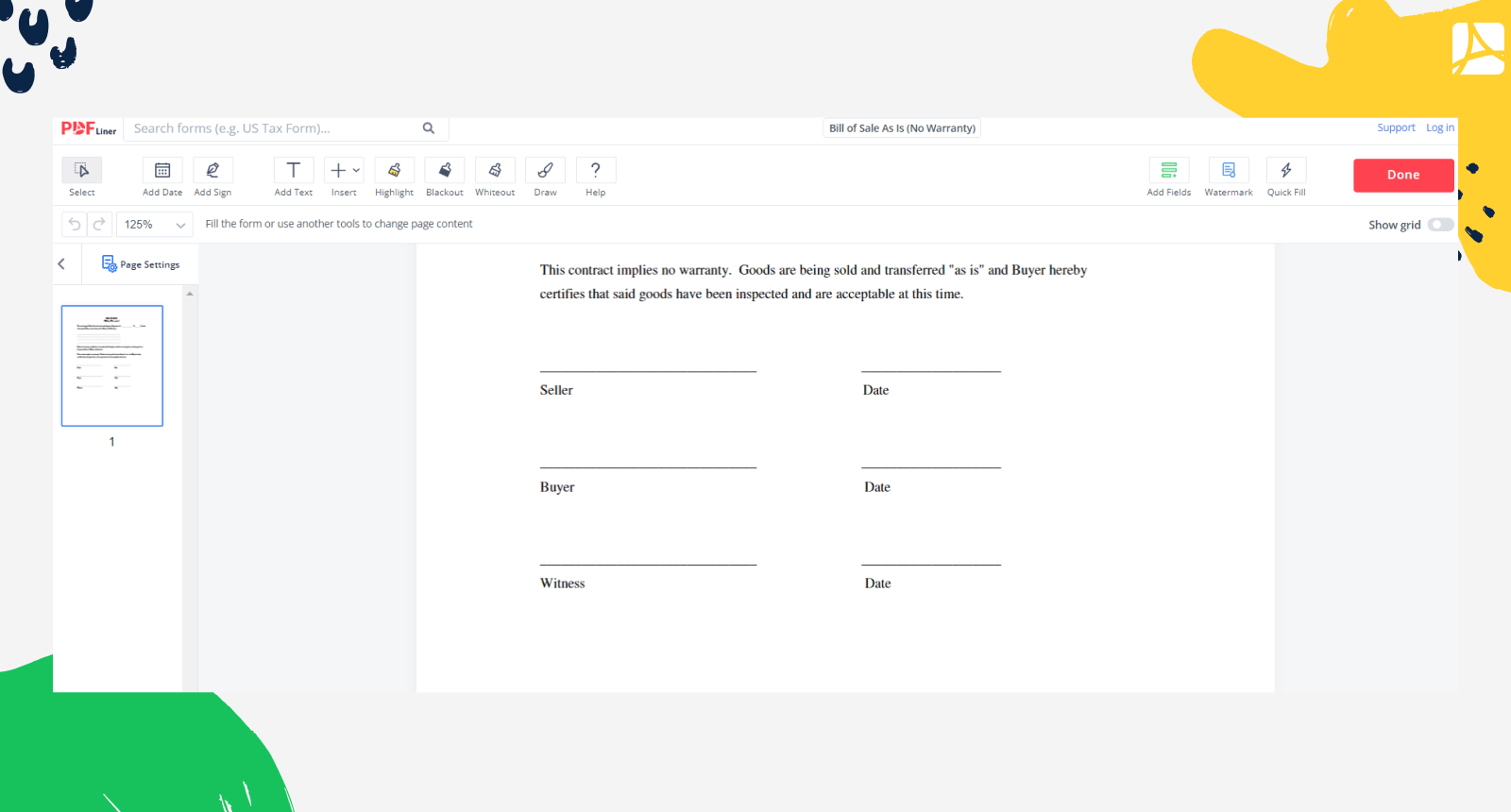 Filling Bill of Sale As Is on PDFLiner