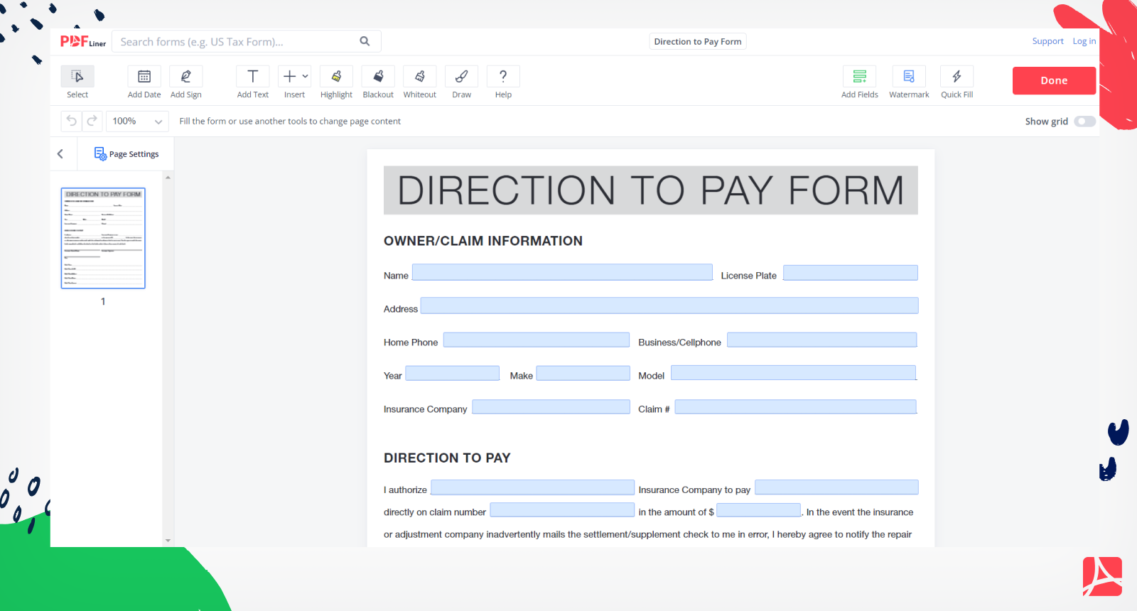 Direction to Pay Form Screenshot