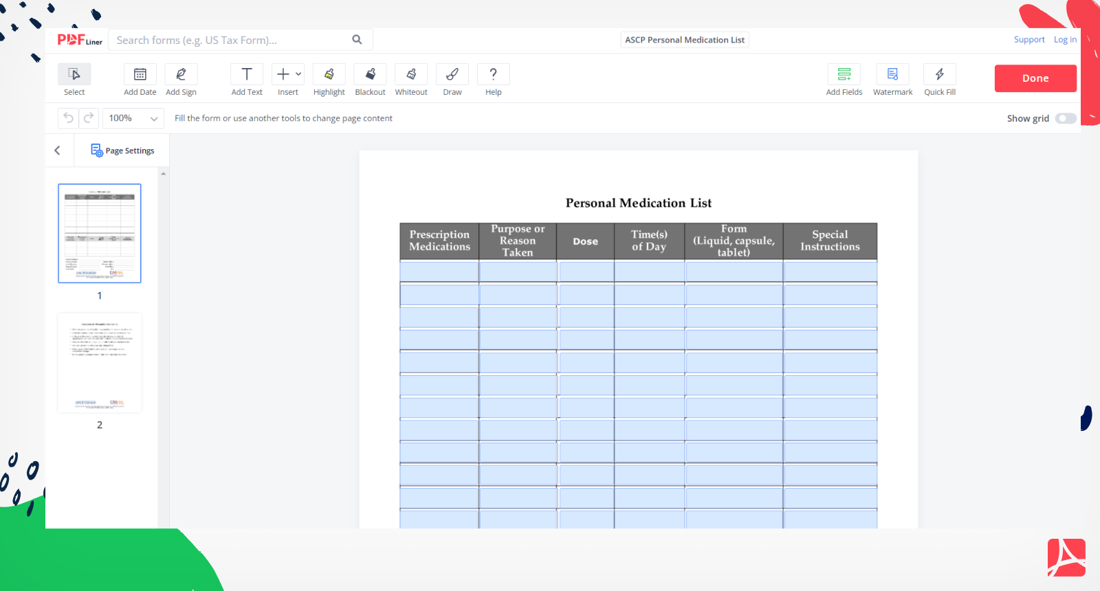 ASCP Personal Medication List Screenshot