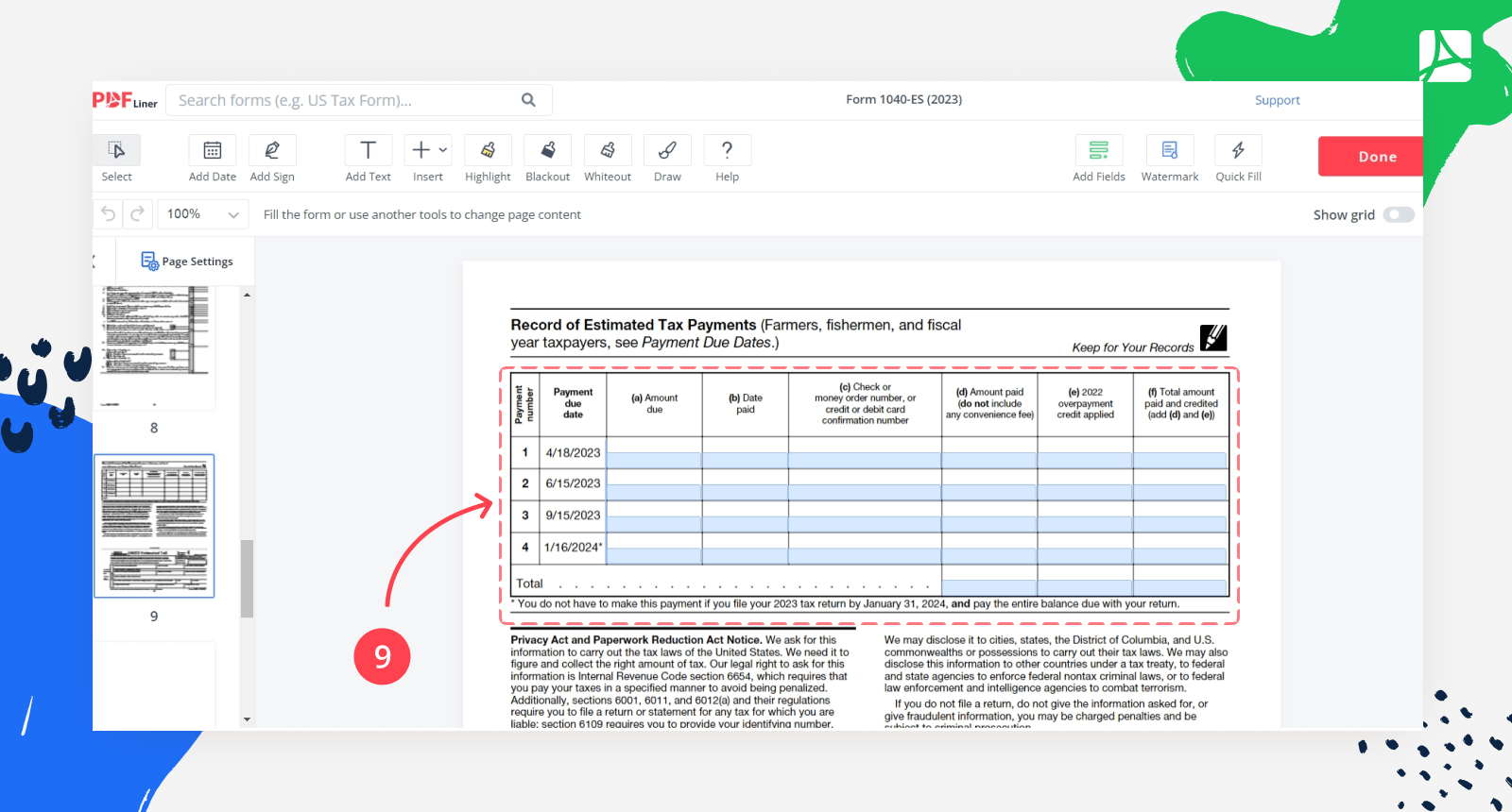 Filling form 1040-ES step 9