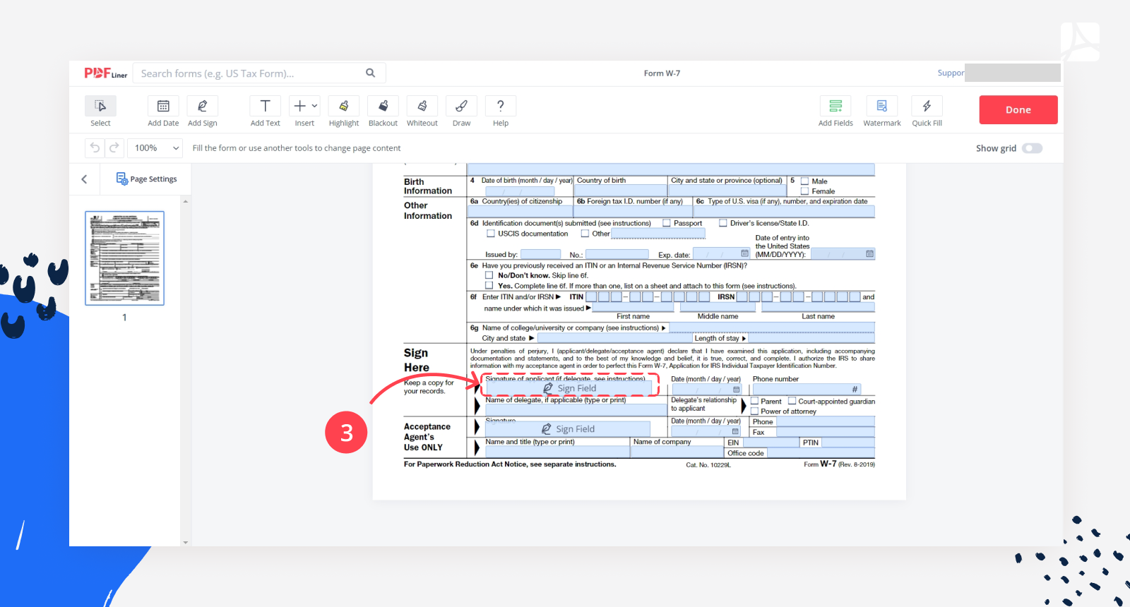 signing W-7 form in PDFLiner