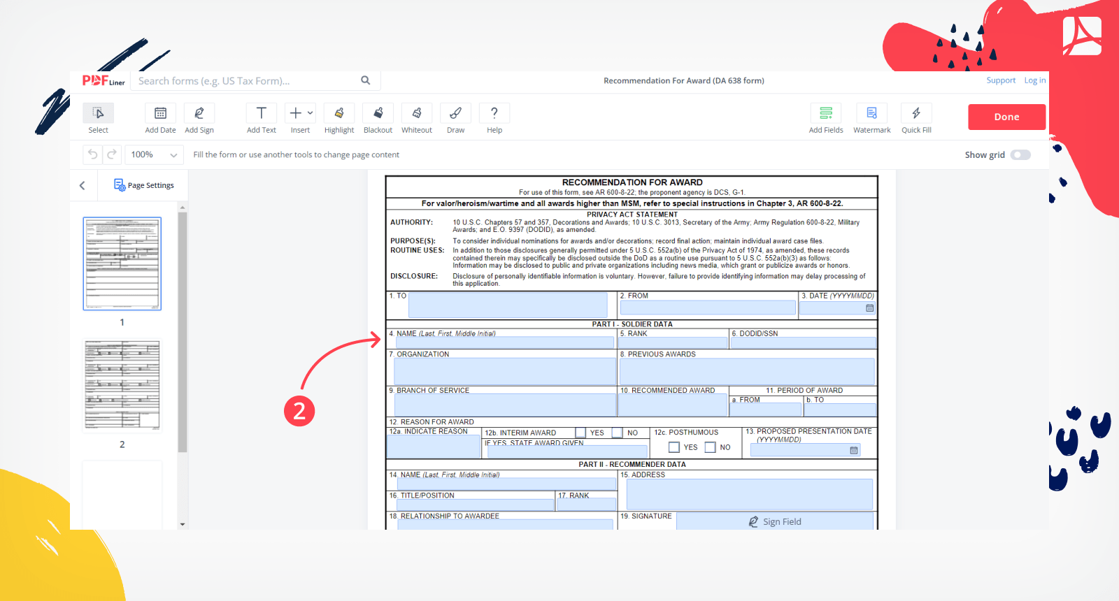 Recommendation For Award (DA 638 form) screenshot step 2