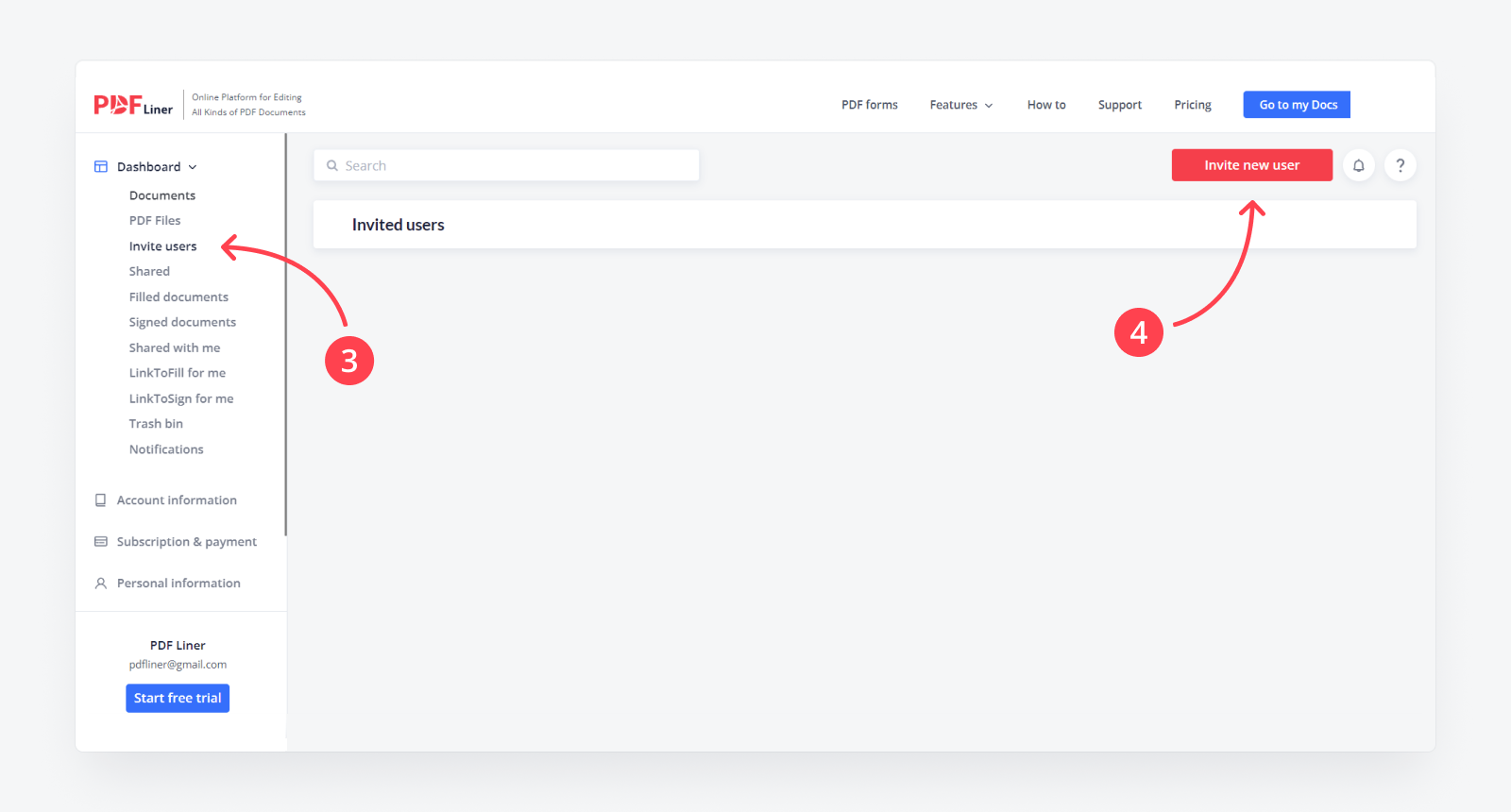 PDFLiner dashboard with 2 arrows showing how to invite users