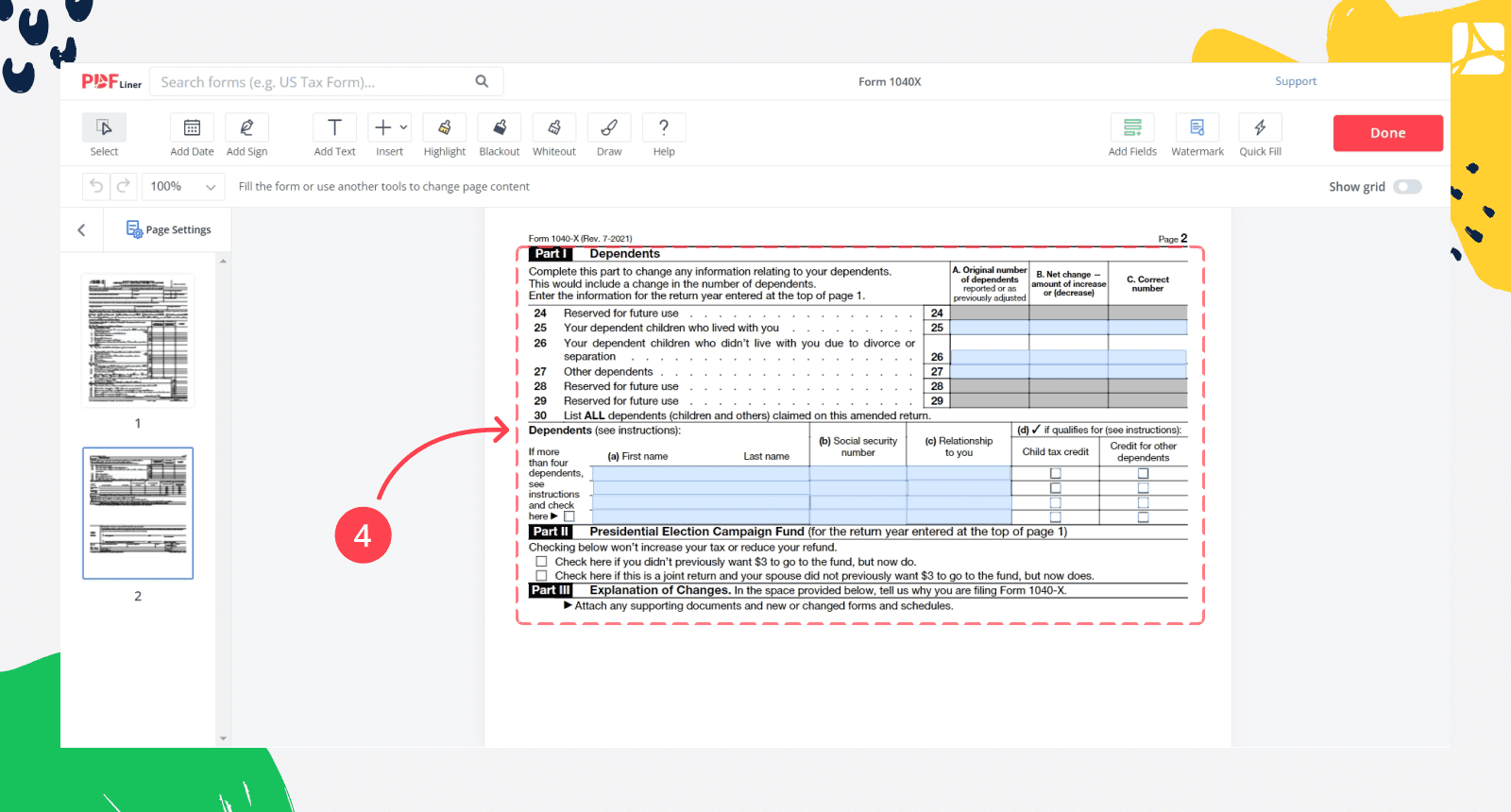 Form 1040X step 4 screenshot