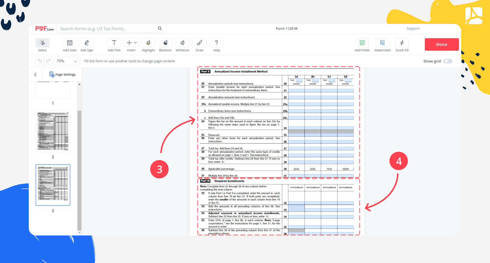 Form 1120W in PDFLiner editor page 3