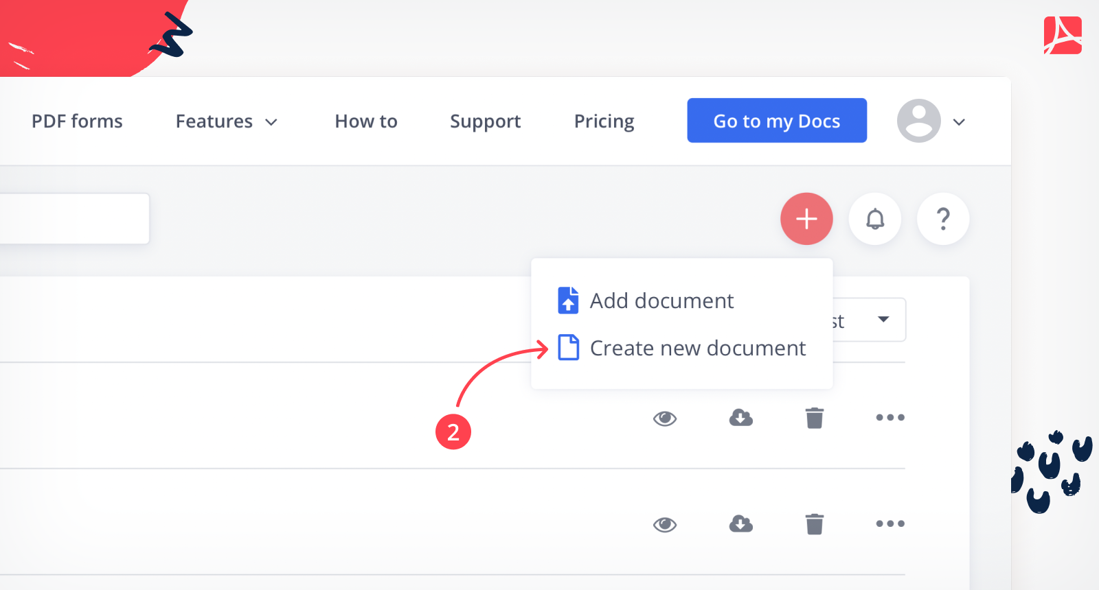 Create new document button screenshot