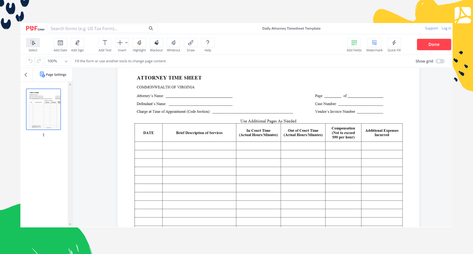 Daily Attorney Timesheet Template Screenshot