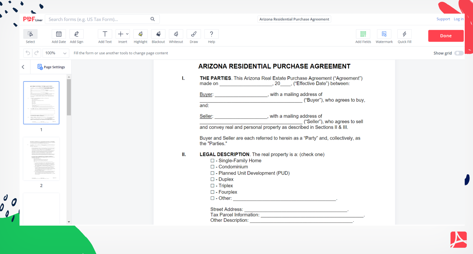 Arizona Residential Purchase Agreement Form Screenshot