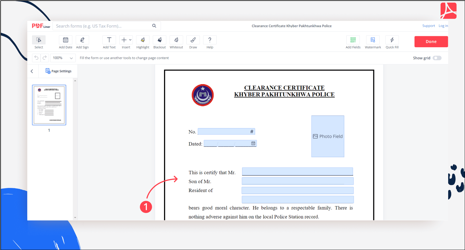 Clearance Certificate Khyber Pakhtunkhwa Police Form Screenshot Step 1