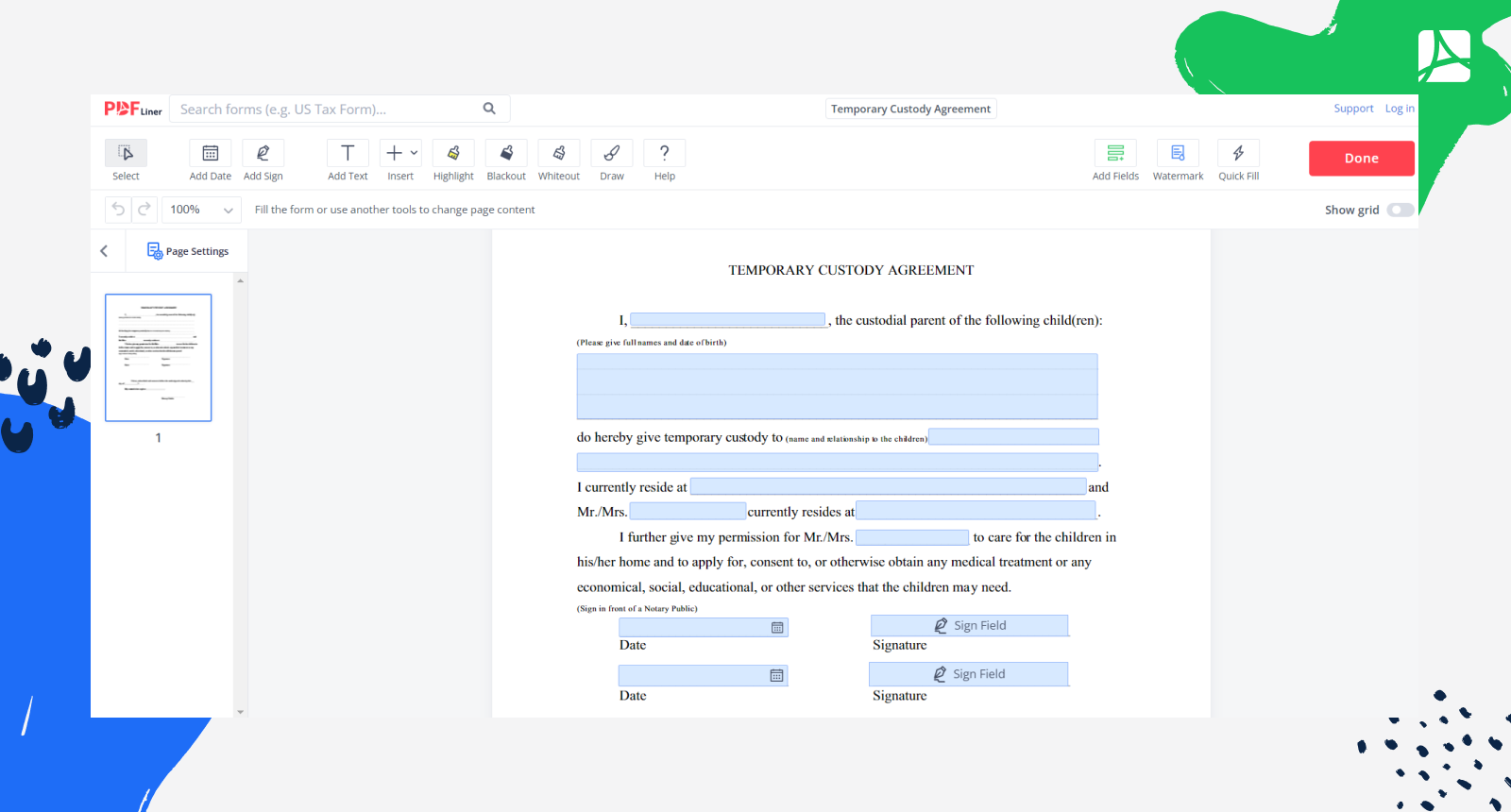 Temporary Custody Agreement Screenshot
